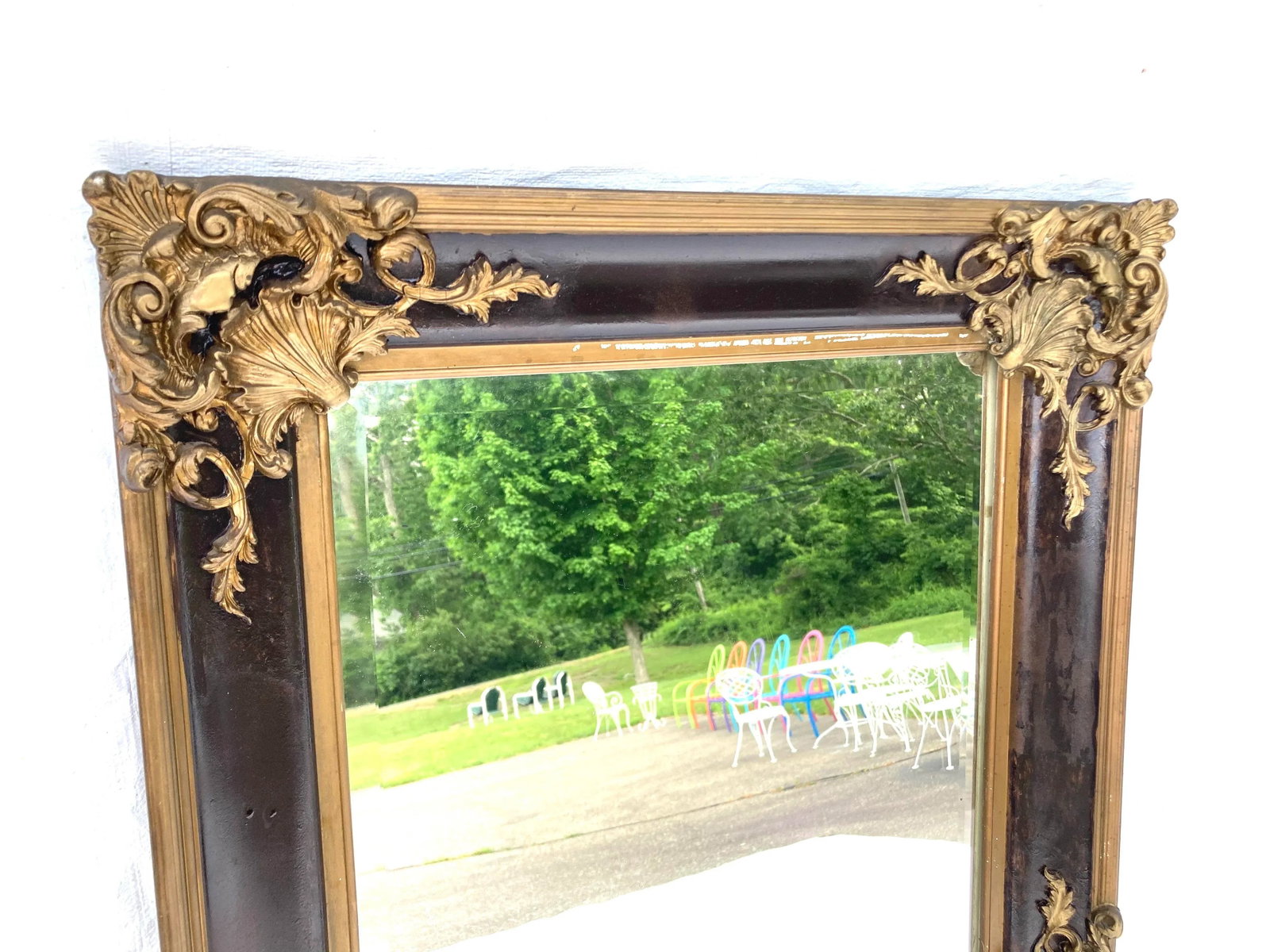 Antique Wood Frame & Plaster Floral Escuthchens Wall Mirror - 3