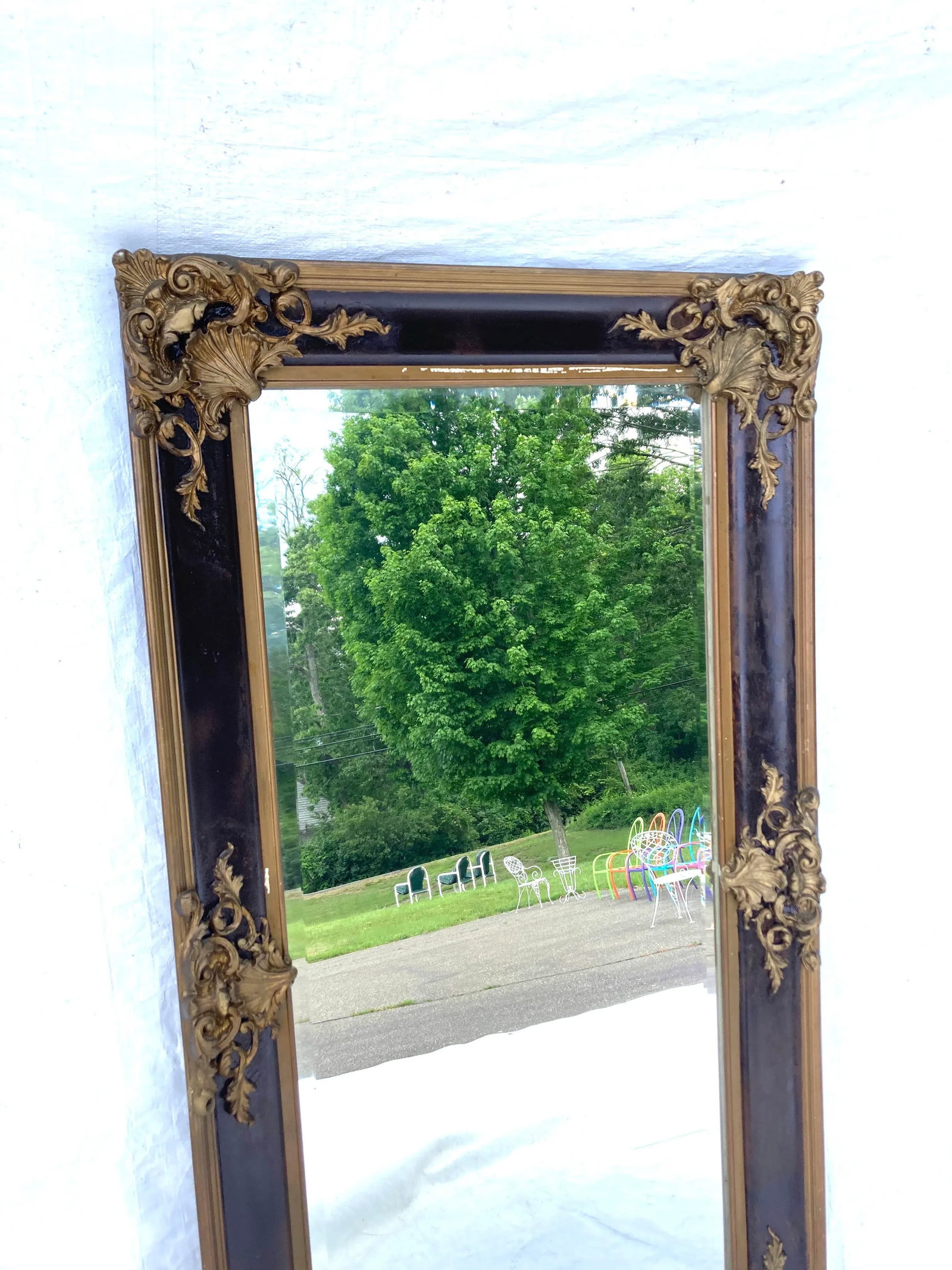 Antique Wood Frame & Plaster Floral Escuthchens Wall Mirror - 5