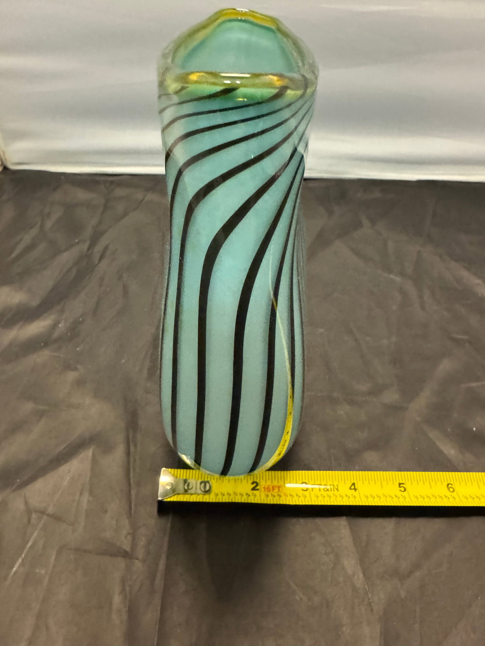 Signed Dustin Wagner Studio Blown Art Glass Psycho Zebra Vase Aqua Teal Black 8" - 10
