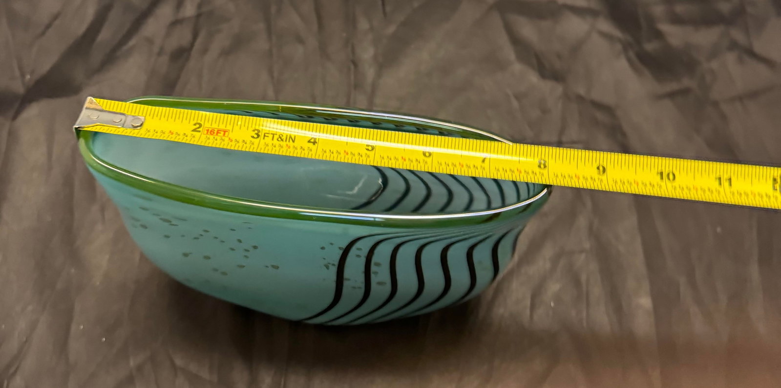 Signed Dustin Wagner Studio Blown Art Glass Psycho Zebra Vase Aqua Teal Black 8" - 12