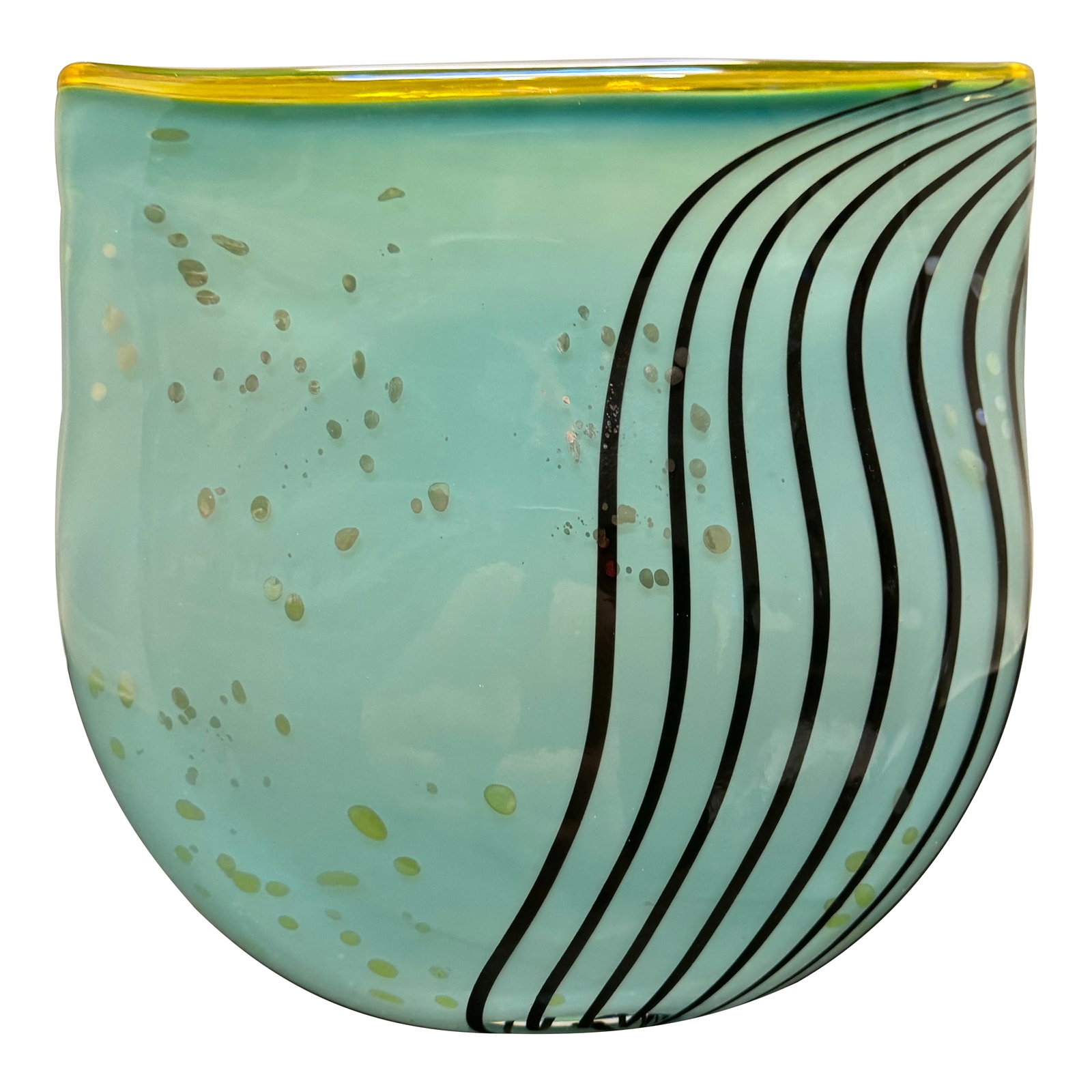 Signed Dustin Wagner Studio Blown Art Glass Psycho Zebra Vase Aqua Teal Black 8": The Signed Dustin Wagner Studio Blown Art Glass Psycho Zebra Vase is a stunning piece of sculpture originating from the USA. Created in 2019 by Dustin Wagner, this teal and black vase features a