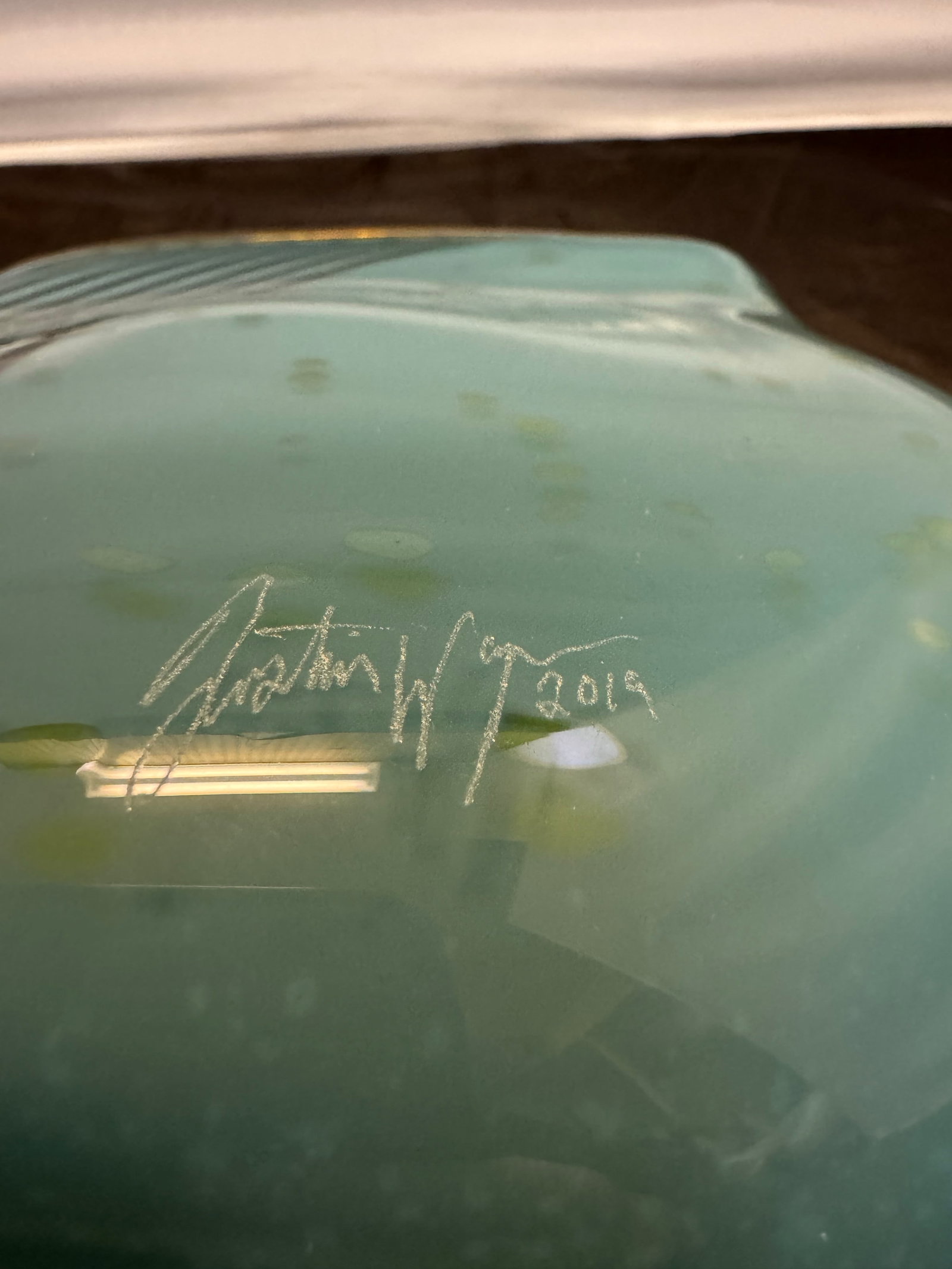Signed Dustin Wagner Studio Blown Art Glass Psycho Zebra Vase Aqua Teal Black 8" - 2