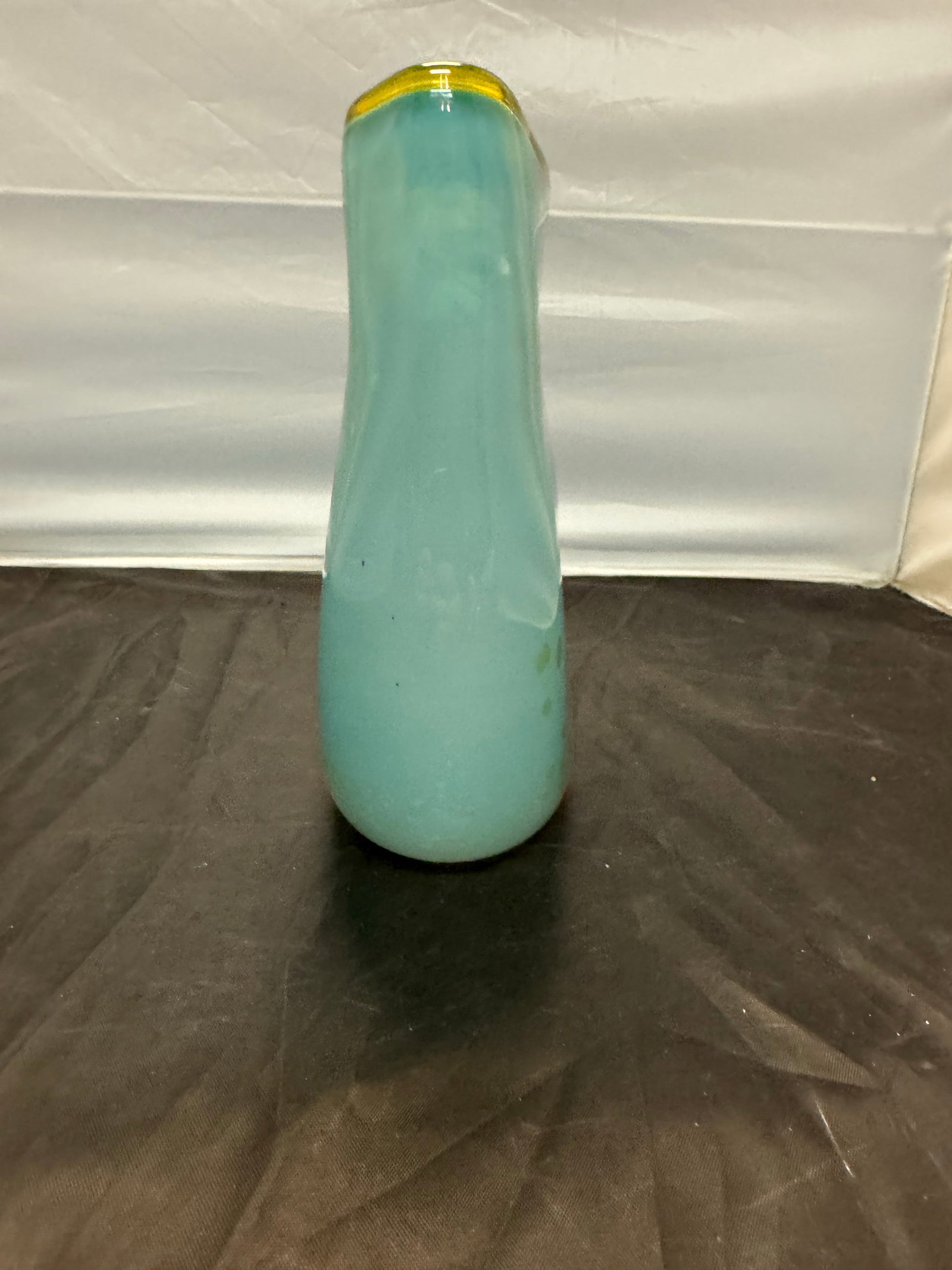 Signed Dustin Wagner Studio Blown Art Glass Psycho Zebra Vase Aqua Teal Black 8" - 3