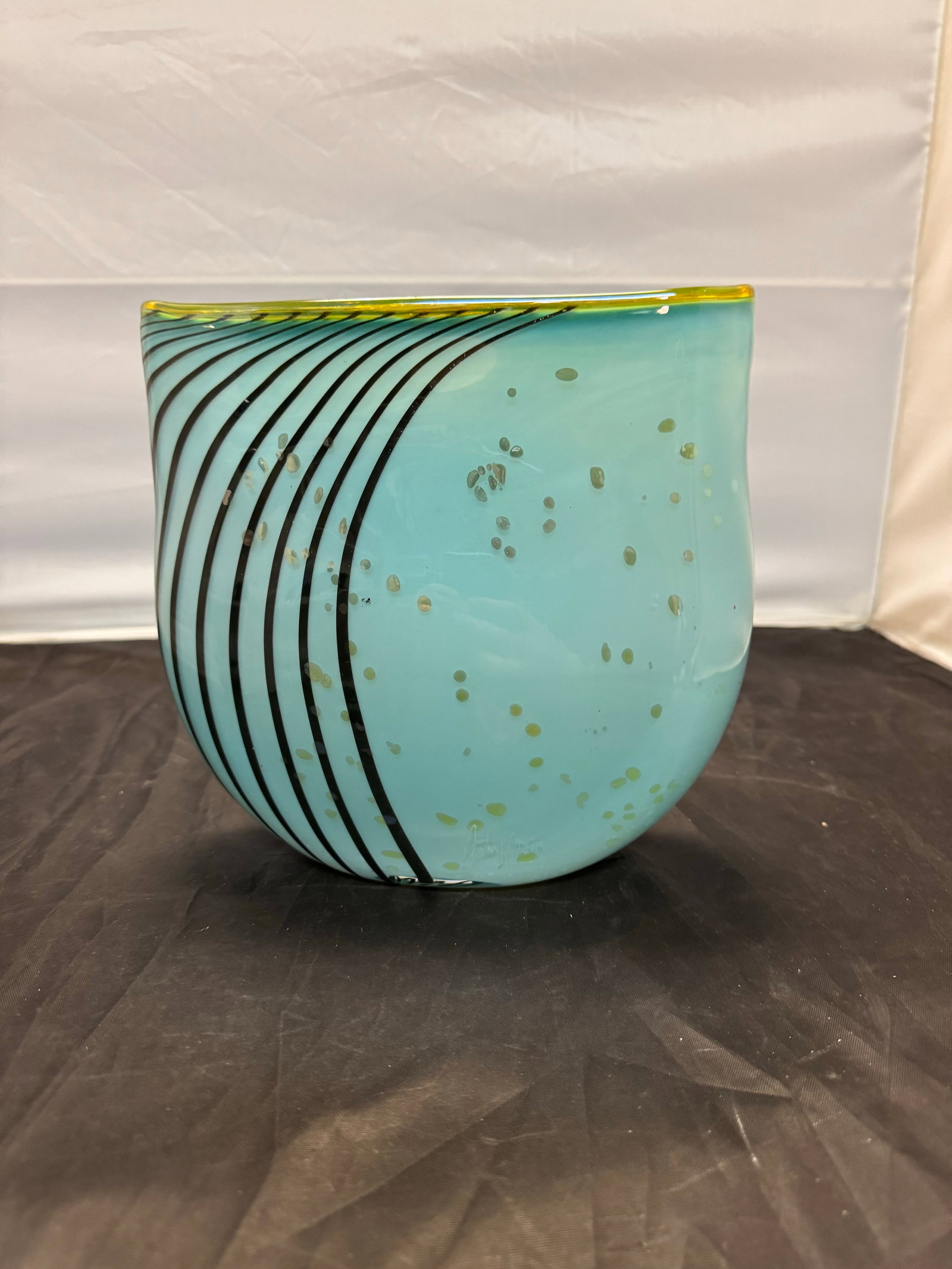 Signed Dustin Wagner Studio Blown Art Glass Psycho Zebra Vase Aqua Teal Black 8" - 4