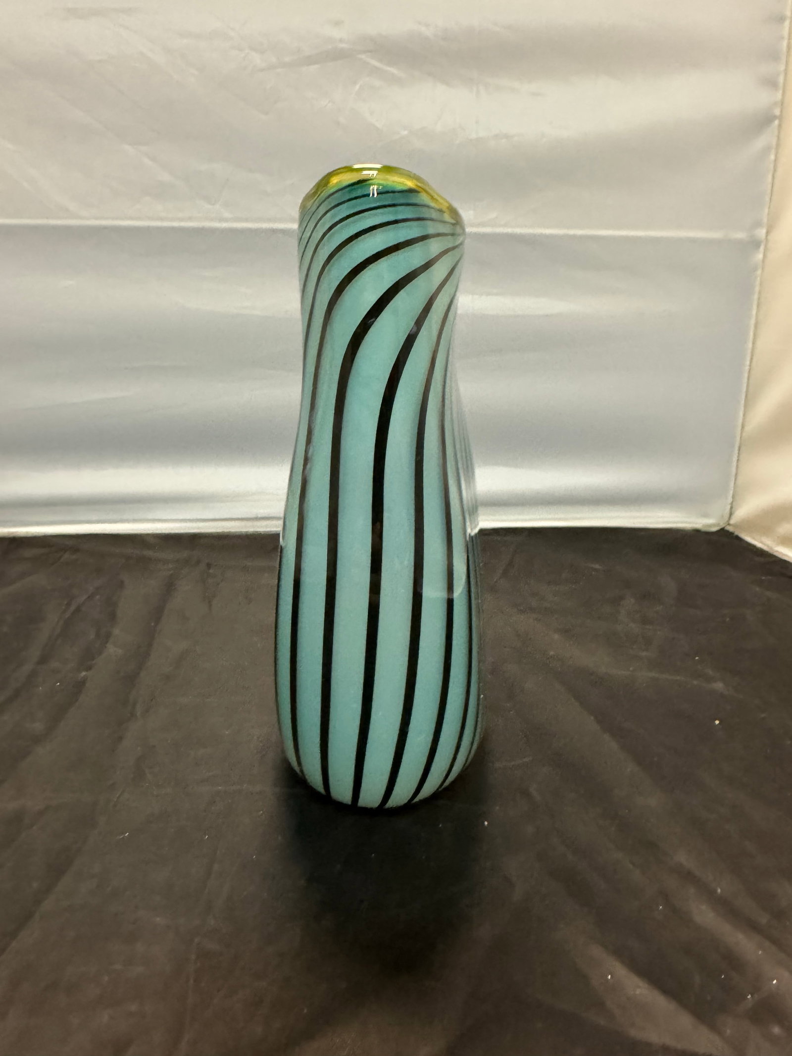 Signed Dustin Wagner Studio Blown Art Glass Psycho Zebra Vase Aqua Teal Black 8" - 5