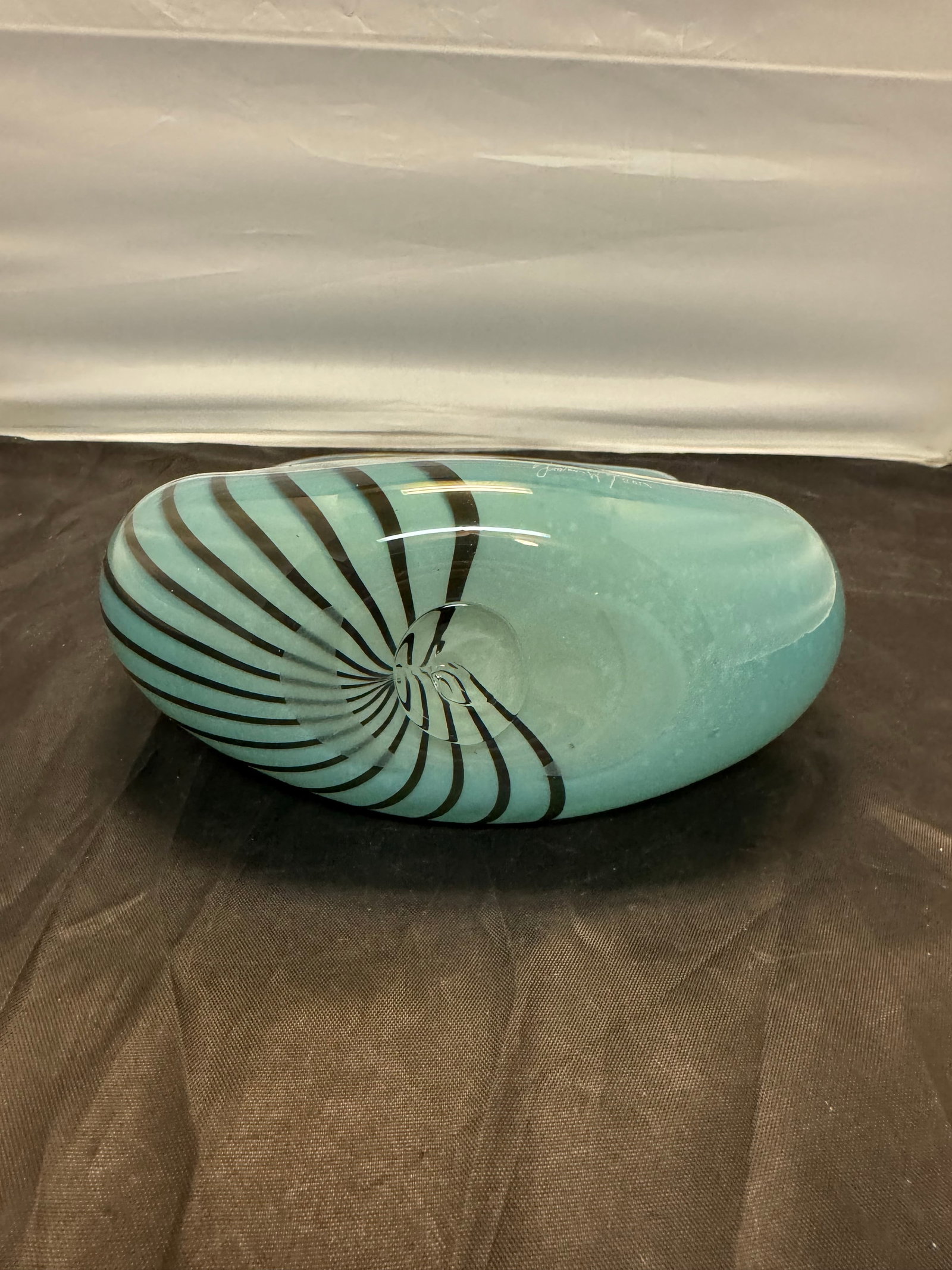 Signed Dustin Wagner Studio Blown Art Glass Psycho Zebra Vase Aqua Teal Black 8" - 7