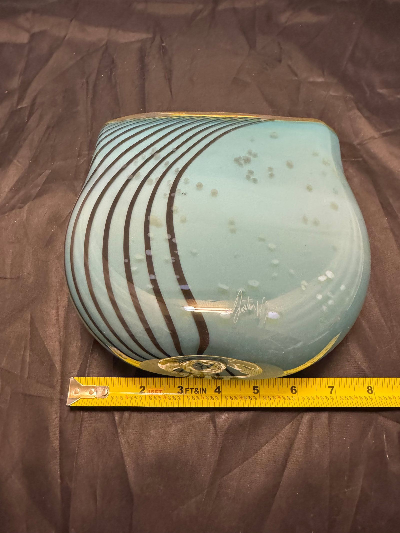 Signed Dustin Wagner Studio Blown Art Glass Psycho Zebra Vase Aqua Teal Black 8" - 8