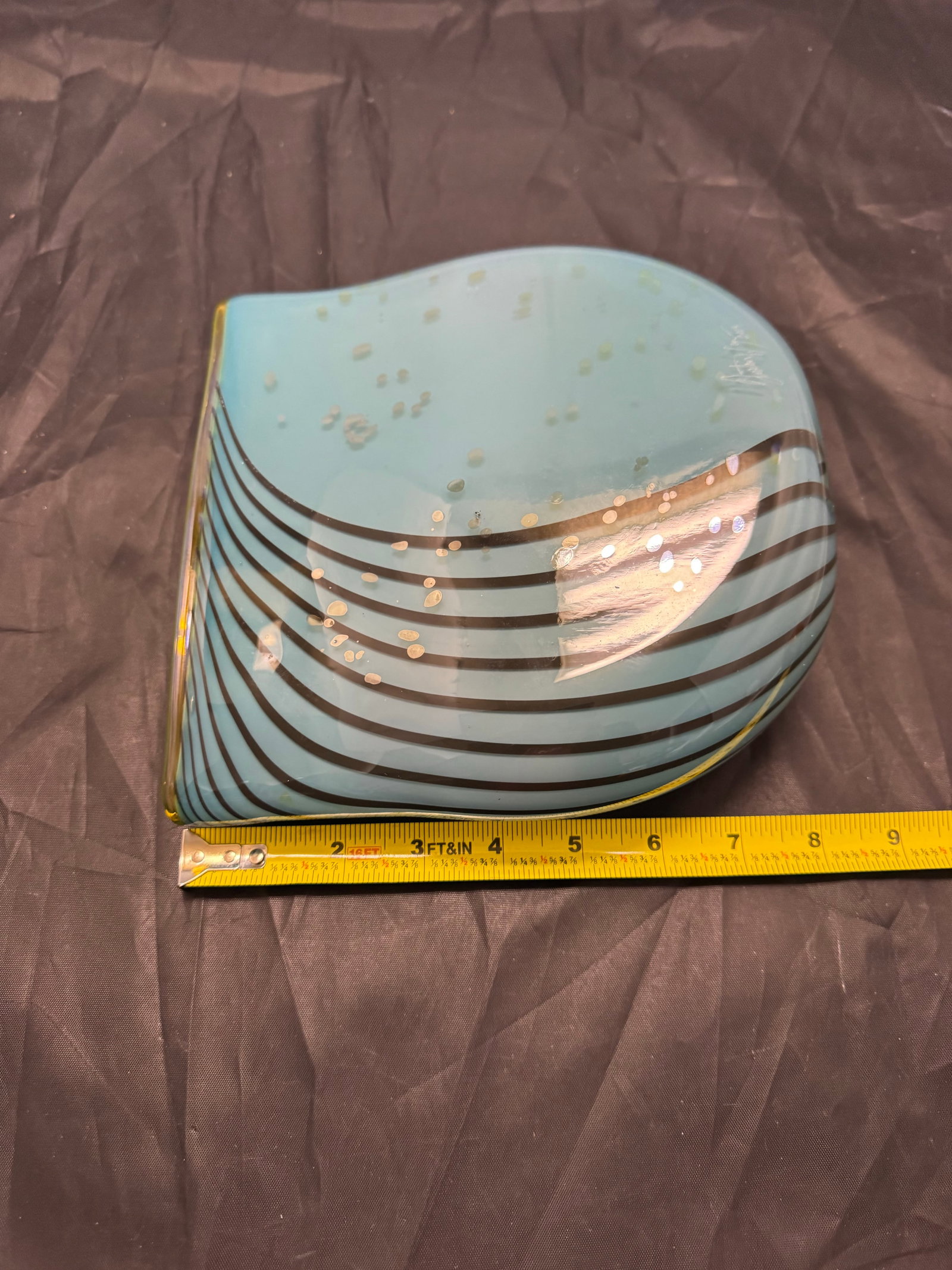 Signed Dustin Wagner Studio Blown Art Glass Psycho Zebra Vase Aqua Teal Black 8" - 9