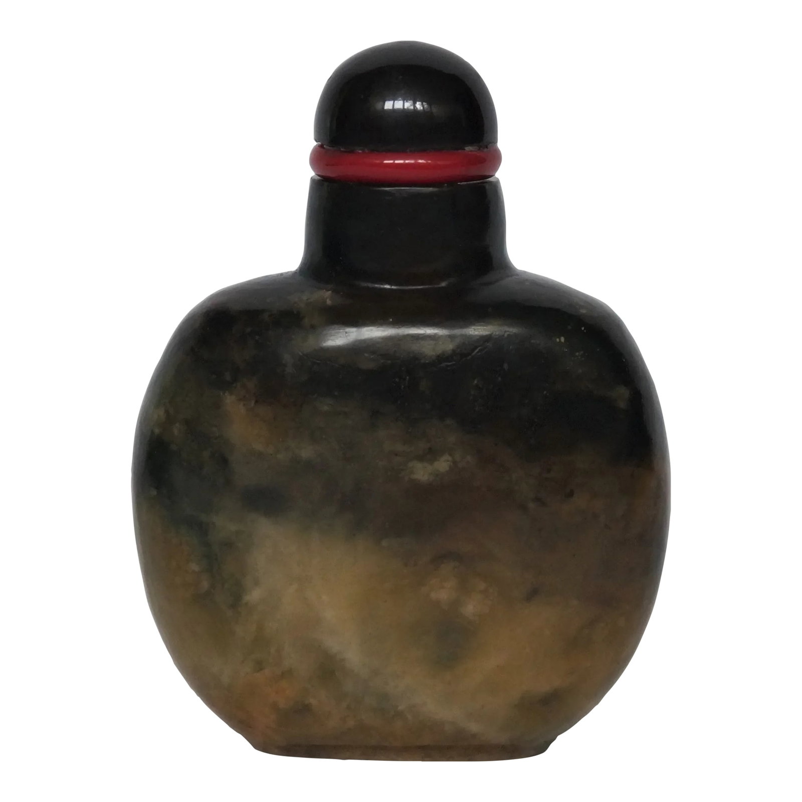 Vintage 1970s Black Variegated Jasper Snuff Bottle: The snuff bottle carver did a extremely good job in presenting this jasper bottle. He started with the darkest region of the stone and made it the neck and bottle top and the color fades as the