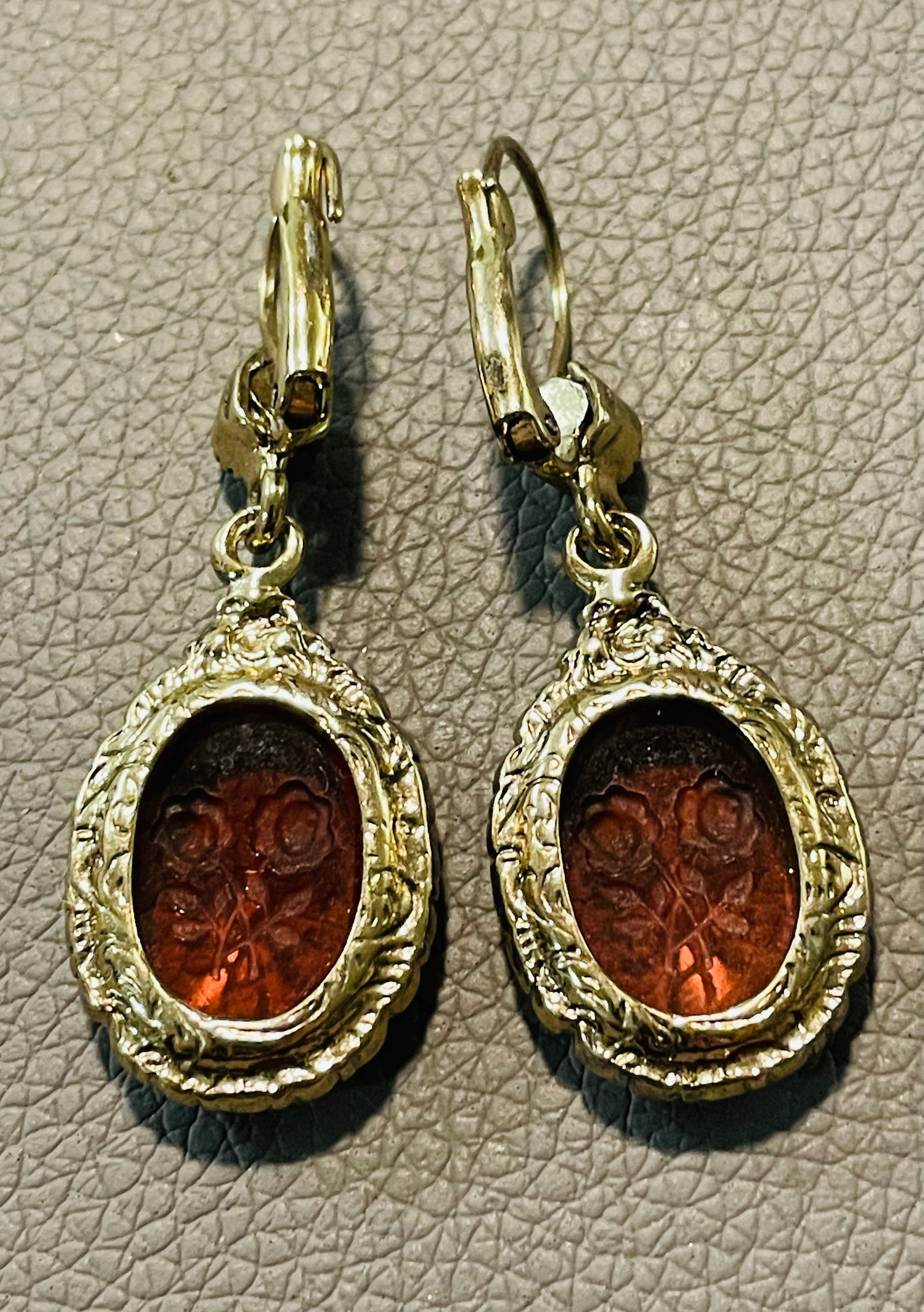 Vintage Art Nouveau Style Etched Floral Amber Dangle Earrings, A Pair - 10