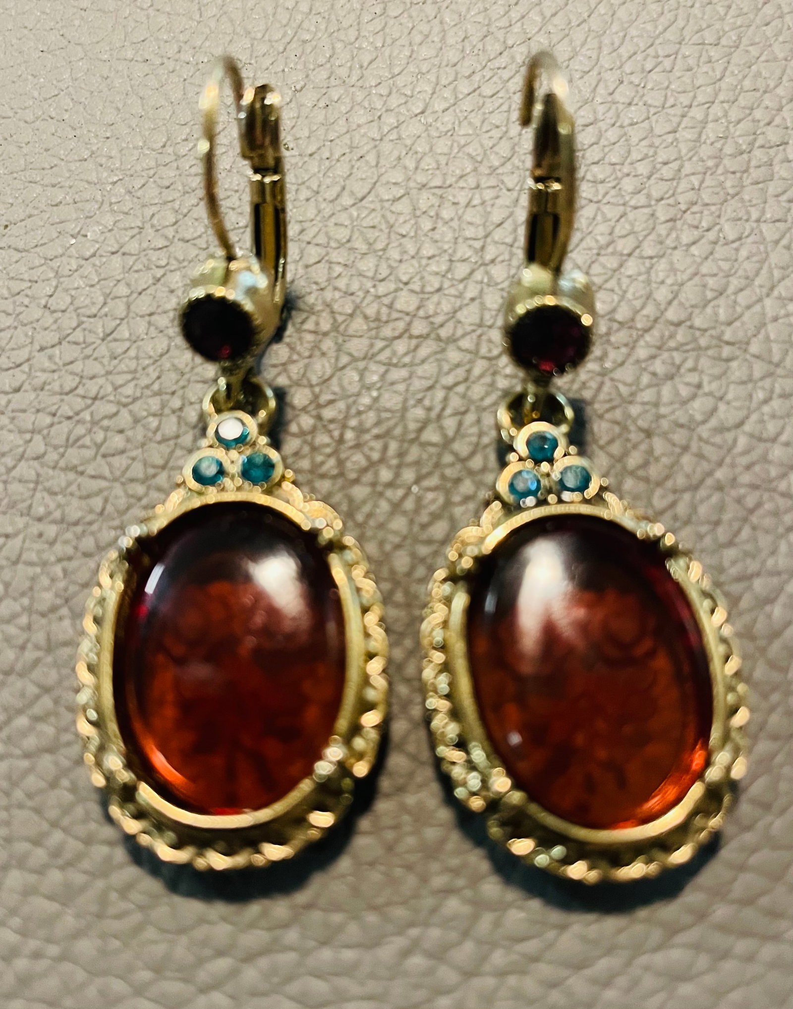 Vintage Art Nouveau Style Etched Floral Amber Dangle Earrings, A Pair - 6
