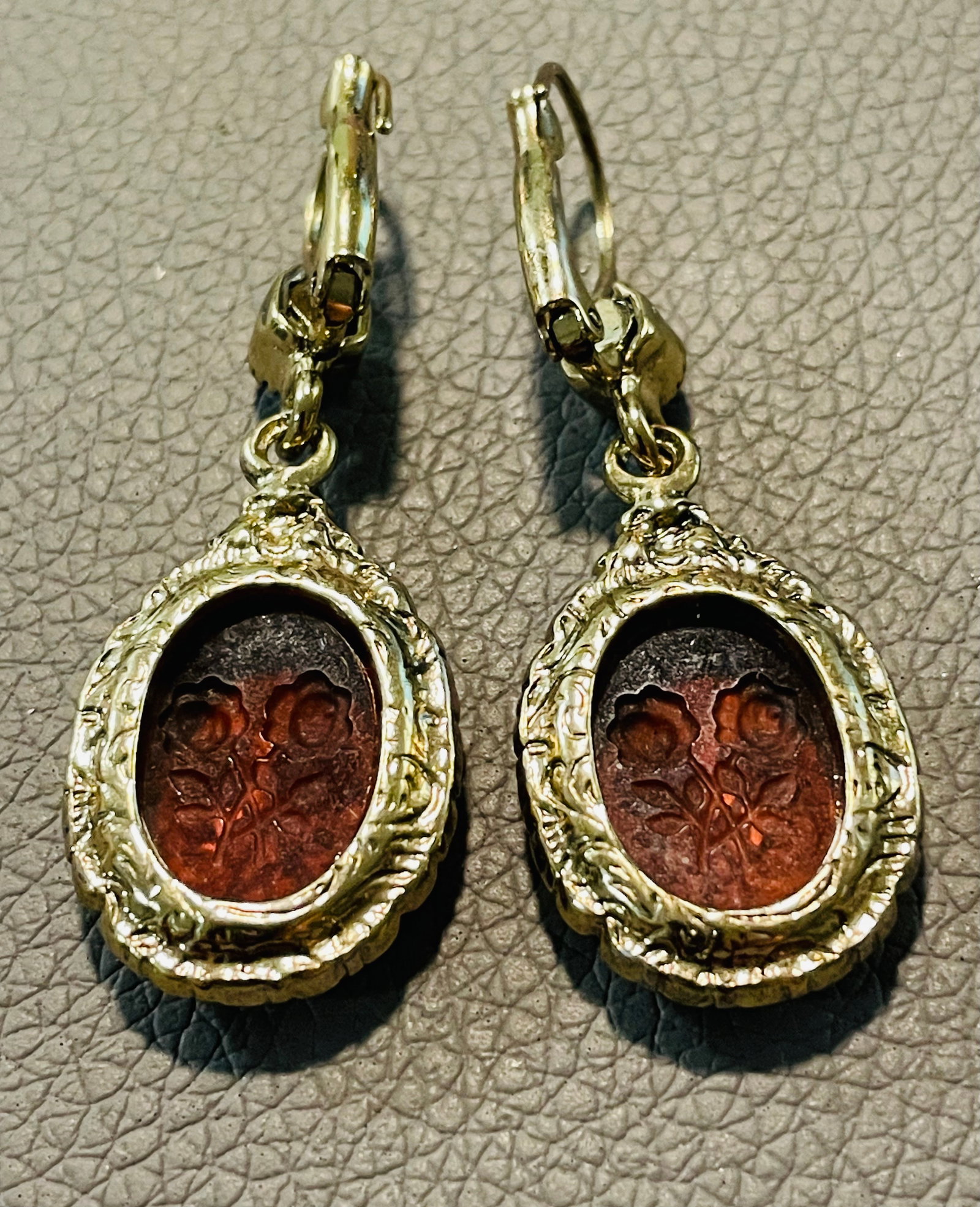 Vintage Art Nouveau Style Etched Floral Amber Dangle Earrings, A Pair - 7