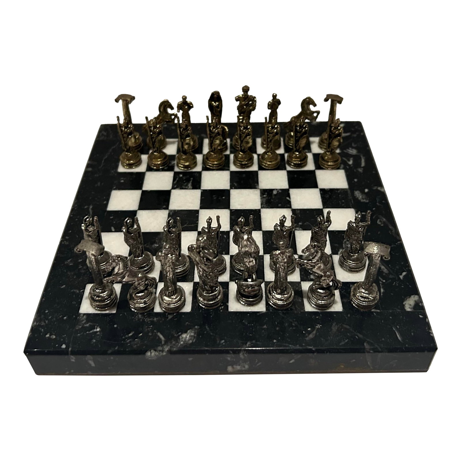 Vintage Italian Greco-Roman Chess Board Set Mini: A collectible Florentine chess set featuring intricately cast figures depicting classical Greco-Roman warriors and gods - one side in warm antique gold, the other in pewter silver. Each piece is a min