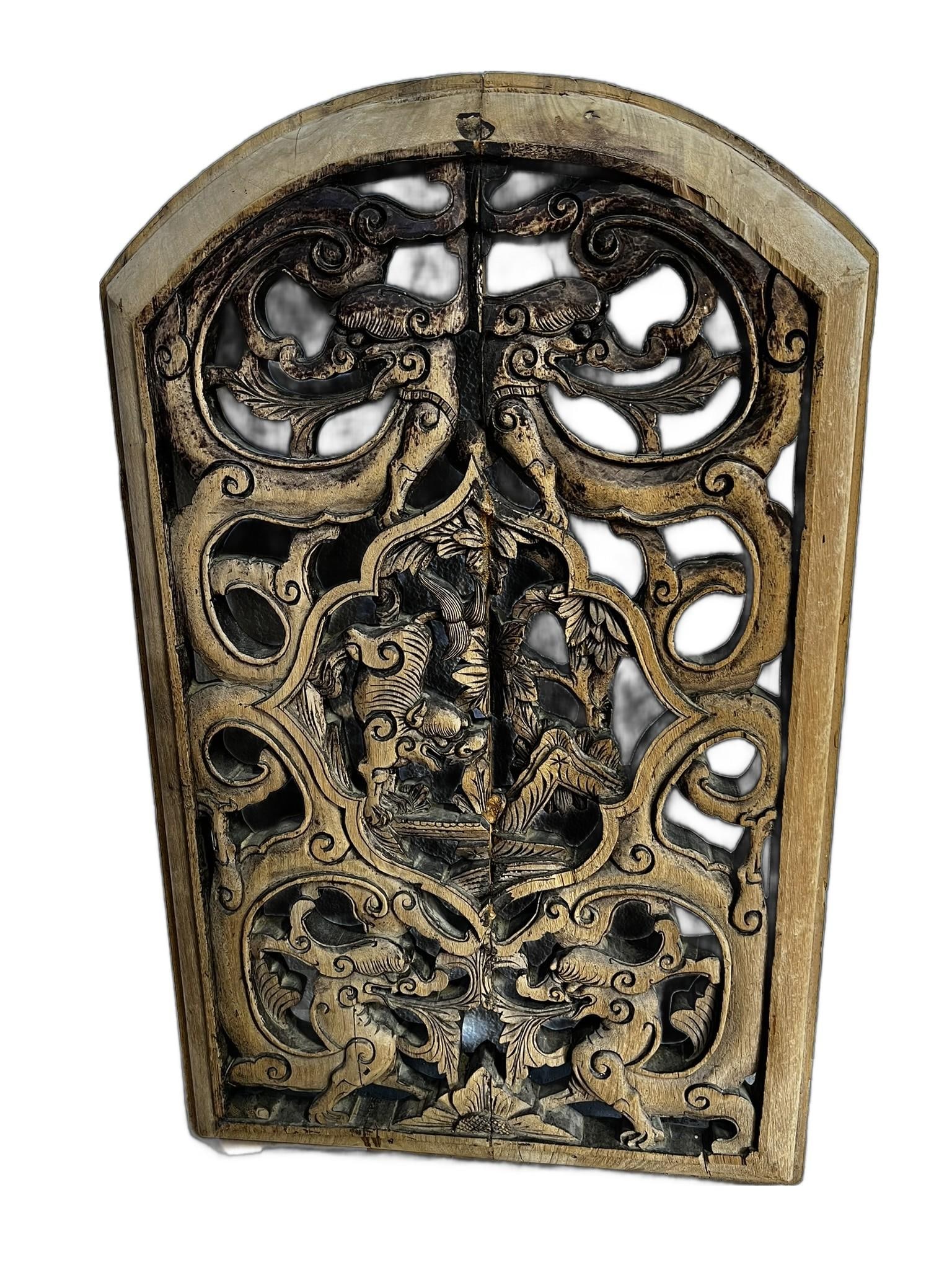 Antique Wood Panel With Carvings of Dragons - 2