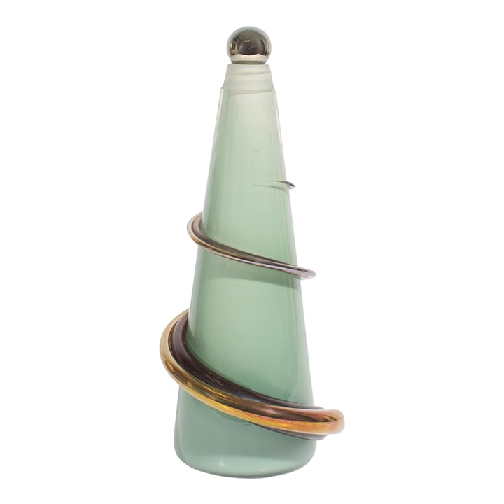 Eric Bladholm Art Glass Decanter Bottle: An art glass decanter or decorative bottle by the American glass artist Eric Bladholm. This piece has a conical body made from a pale blue glass. An iridescent stopper and decorative swirl on the