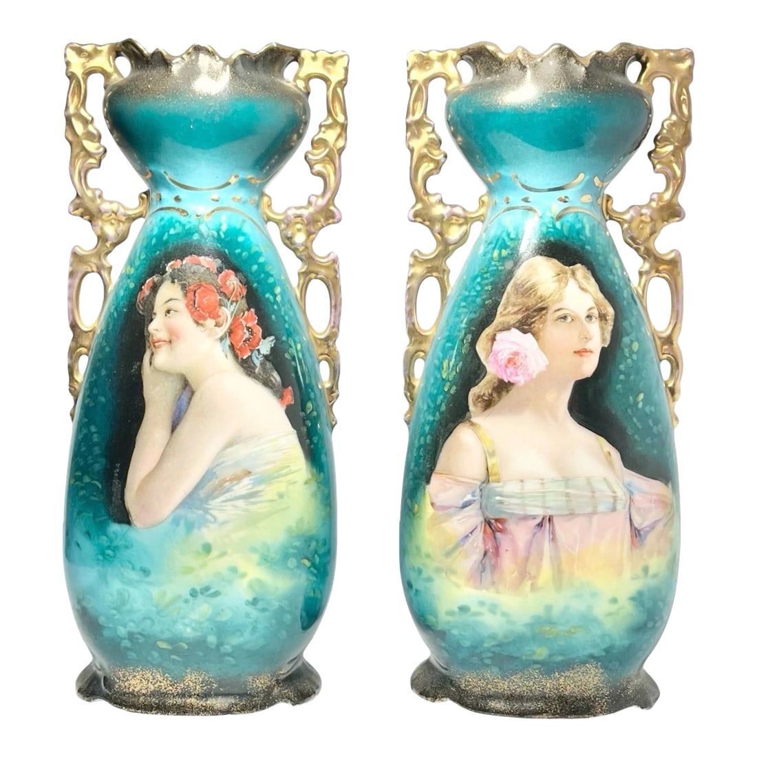 1890s Victoria Carlsbad Austria Art Nouveau Art Nouveau Portrait Vases - Pair (1 of 9)