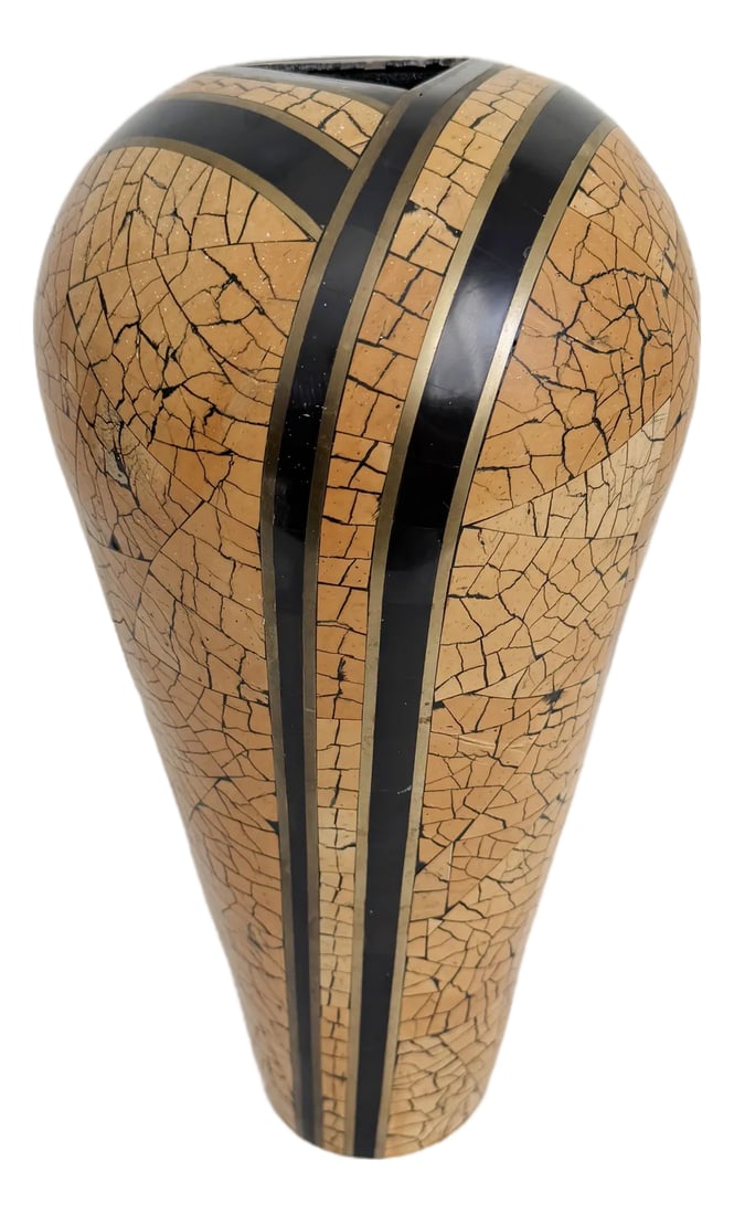 Art Deco Revival Tessellated Vase: A dramatic Art Deco revival vase attributed to Dara International, a late 20th-century maker similar in style to Maitland Smith. Features a tessellated coconut shell mosaic with bands of black stone,