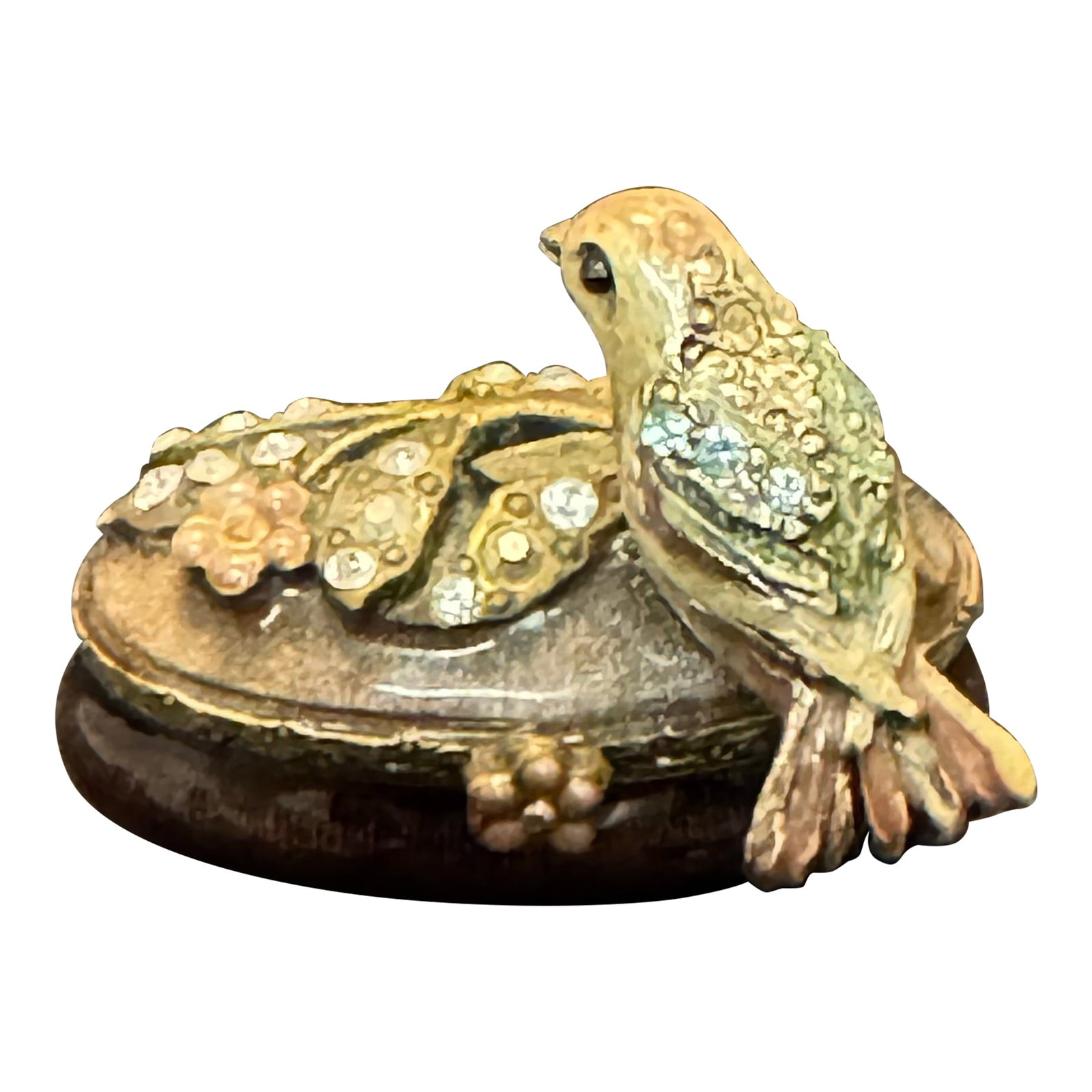 Jay Strongwater Miniature Bird Enamel Trinket Pill Box Swarovski Signed Vintage: The Jay Strongwater Miniature Bird Enamel Trinket Box is a small, handcrafted collectible item featuring a beautiful yellow enamel design of a bird. Made in the United States, this trinket box is ador