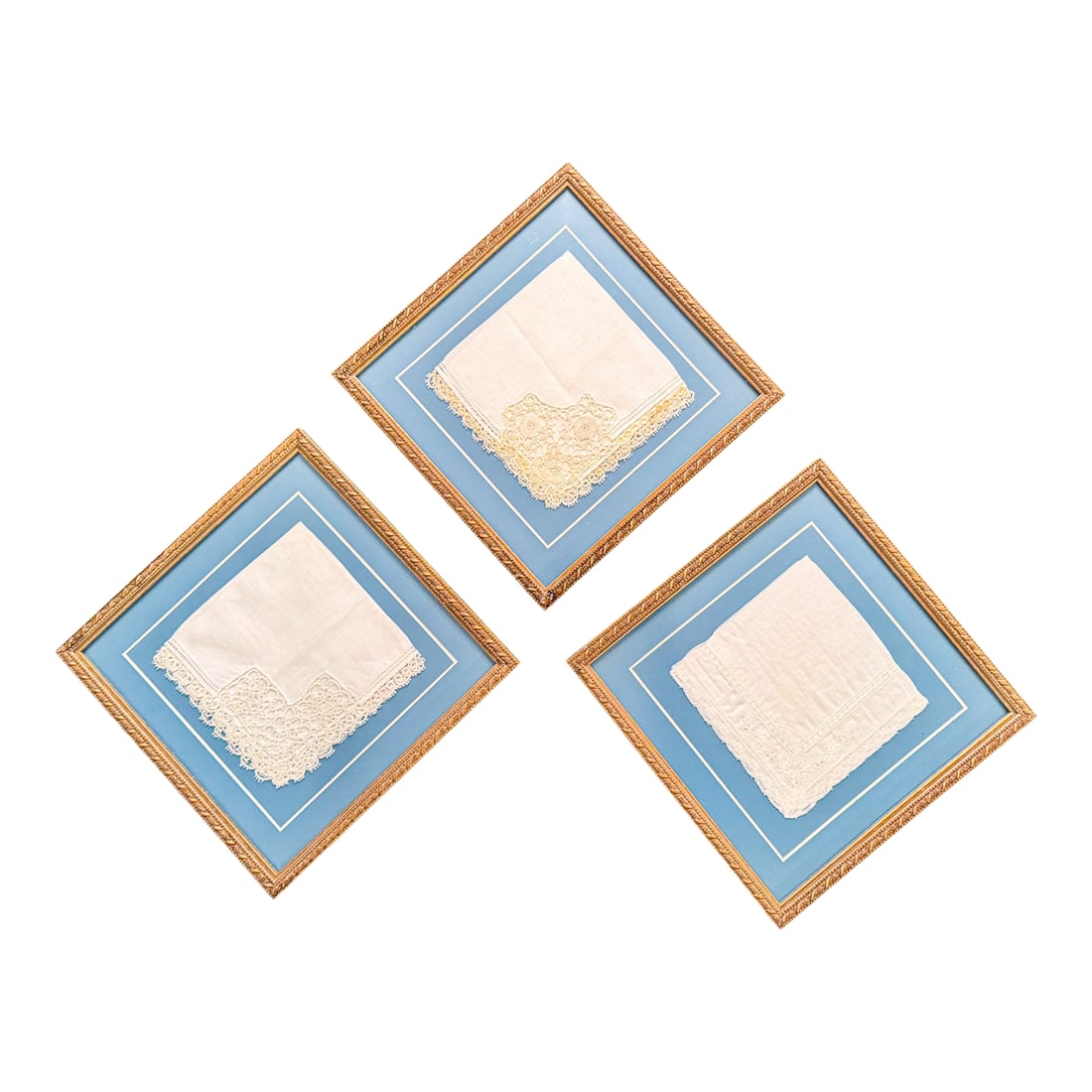 Vintage Framed Lace Handkerchiefs - Set of 3: A beautiful set of three vintage lace handkerchiefs professionally framed as decorative wall art. Each delicate textile features intricate hand-worked lace detailing mounted on soft blue matting and d