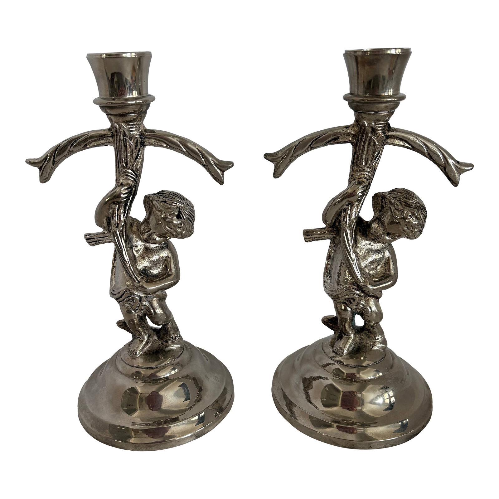 Mid-Century Silverplate Figural Candlesticks With Climbing Boy Motif, Pair Hollywood Regency 1950s D (1 of 9)