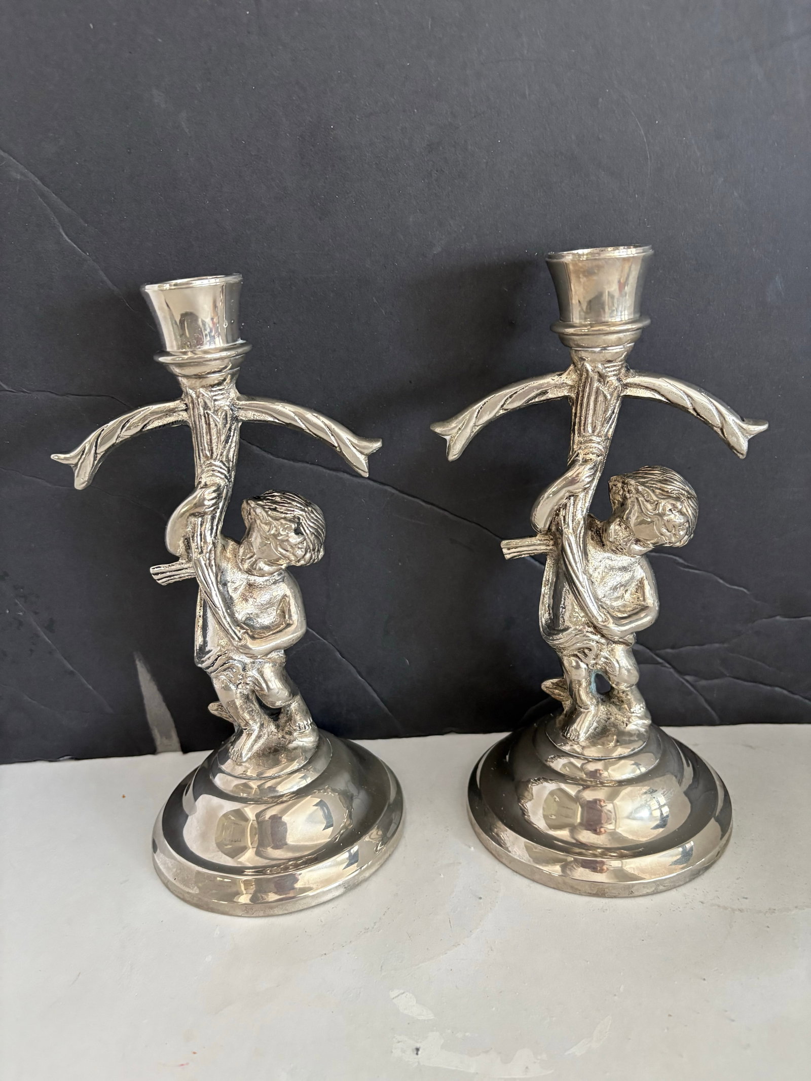 Mid-Century Silverplate Figural Candlesticks With Climbing Boy Motif, Pair Hollywood Regency 1950s D - 2