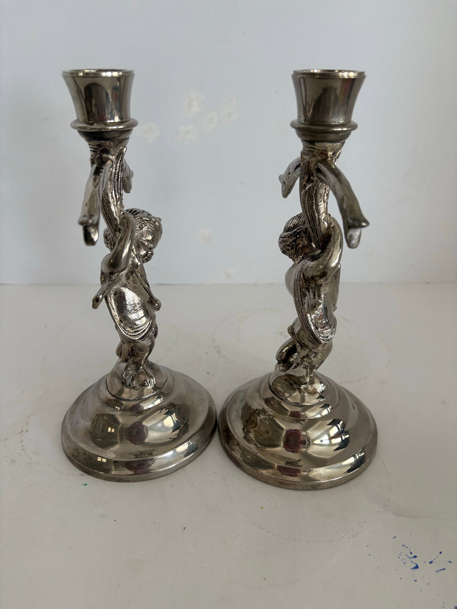Mid-Century Silverplate Figural Candlesticks With Climbing Boy Motif, Pair Hollywood Regency 1950s D - 6
