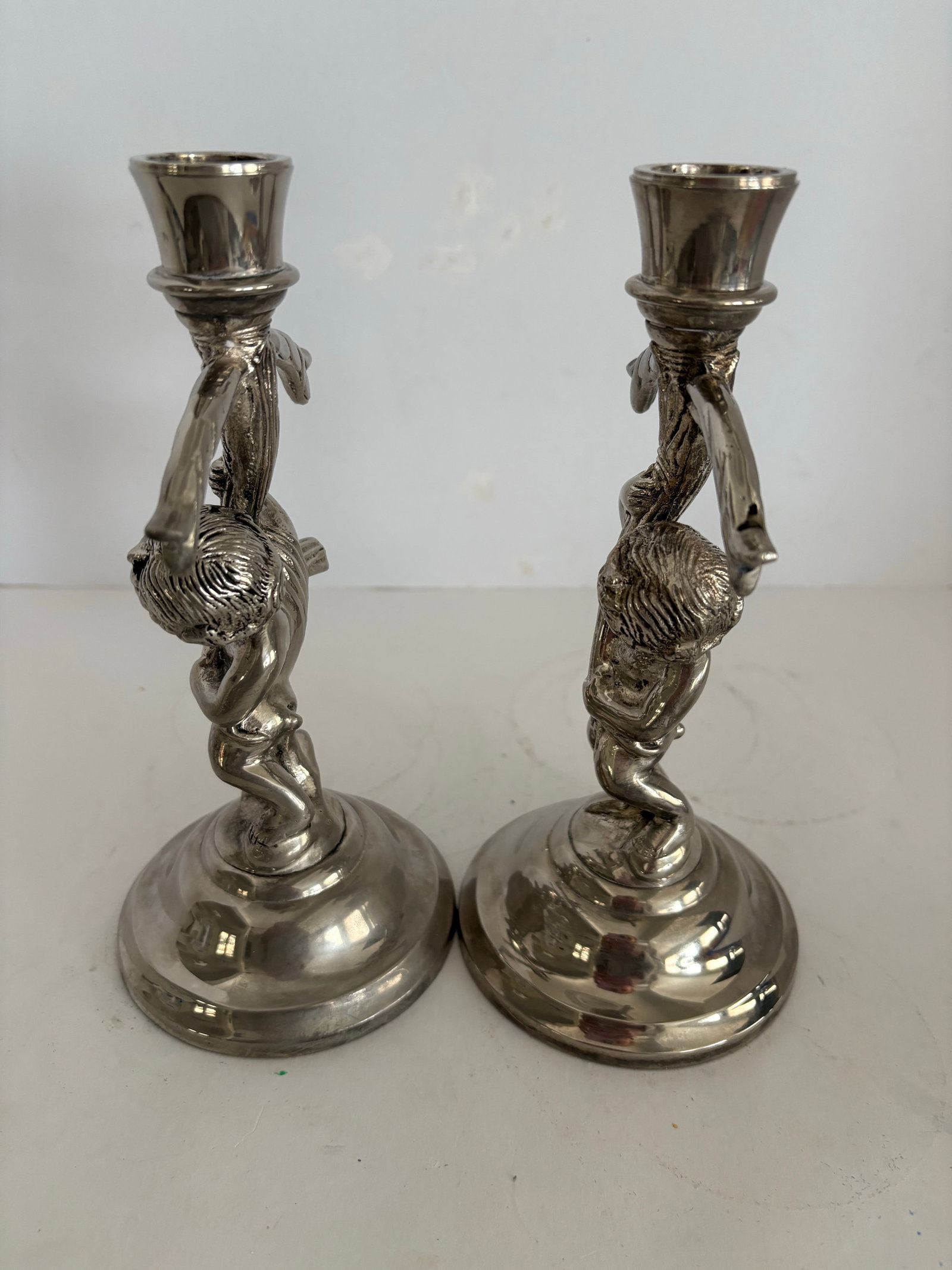 Mid-Century Silverplate Figural Candlesticks With Climbing Boy Motif, Pair Hollywood Regency 1950s D - 7