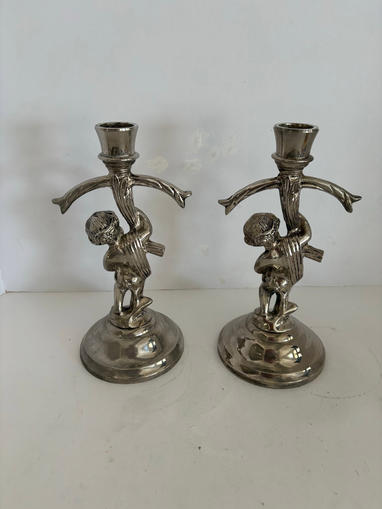 Mid-Century Silverplate Figural Candlesticks With Climbing Boy Motif, Pair Hollywood Regency 1950s D - 8