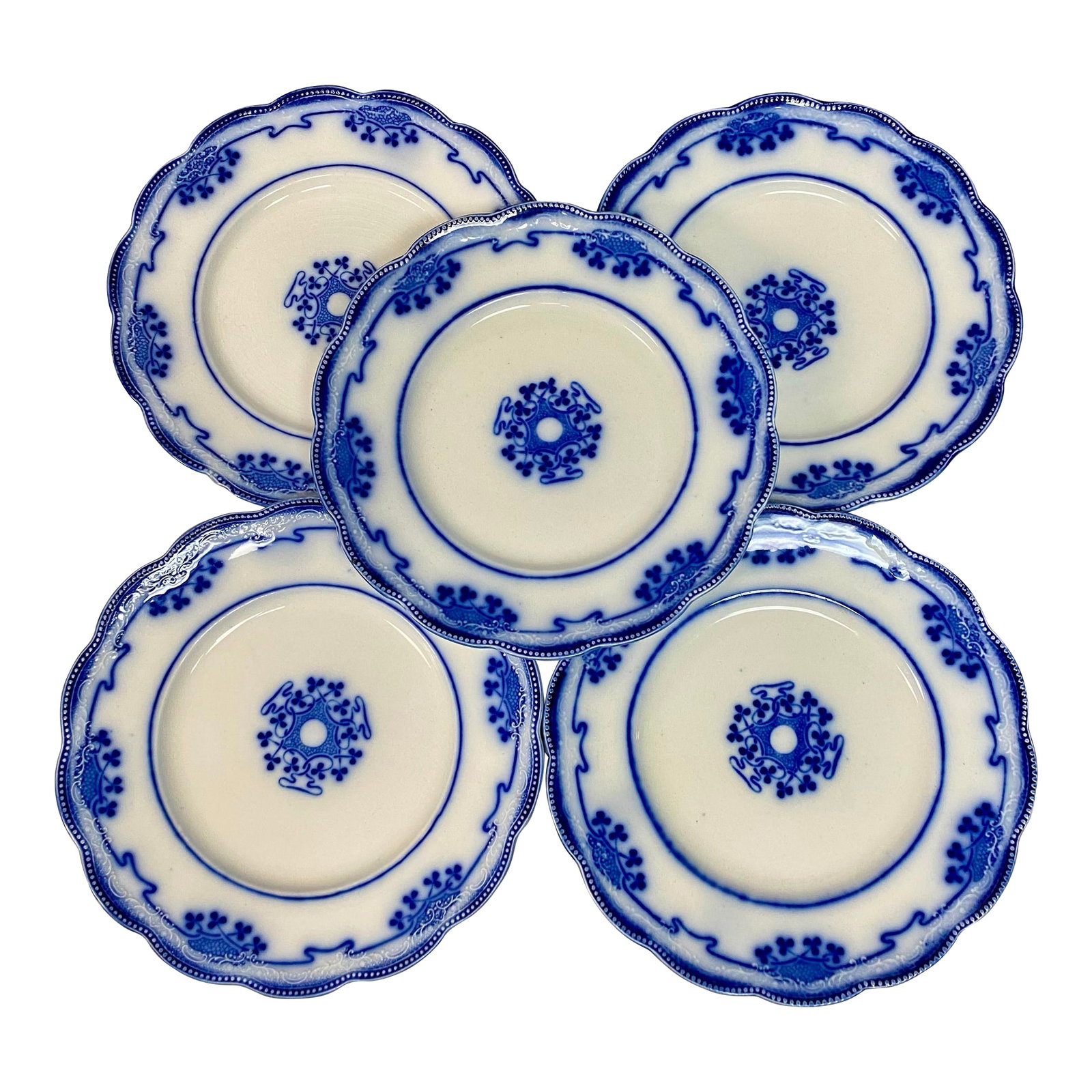 Antique Flow Blue Luncheon Plates, Lorne Clovers by Grindley - Set of 5 (1 of 11)