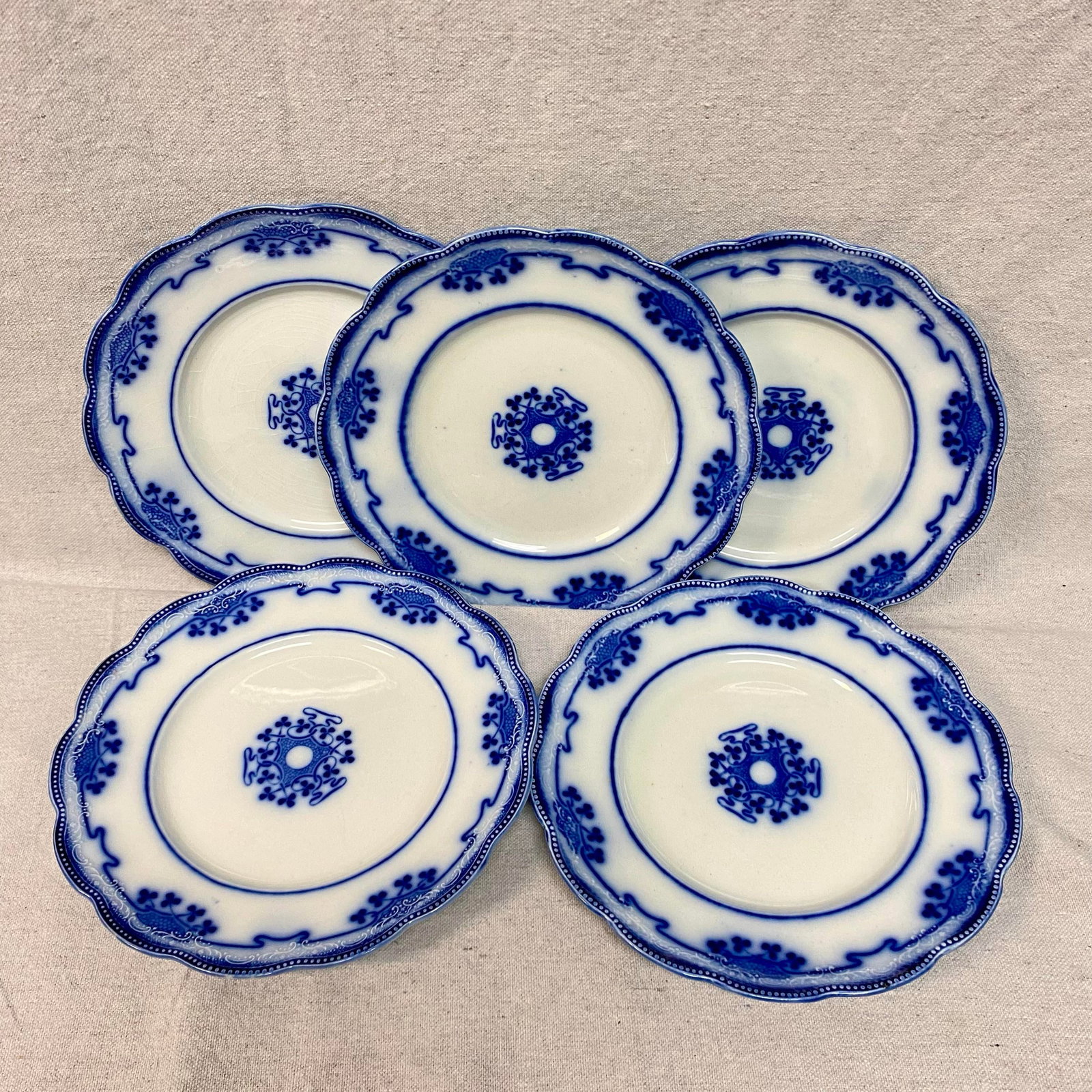 Antique Flow Blue Luncheon Plates, Lorne Clovers by Grindley - Set of 5 - 7