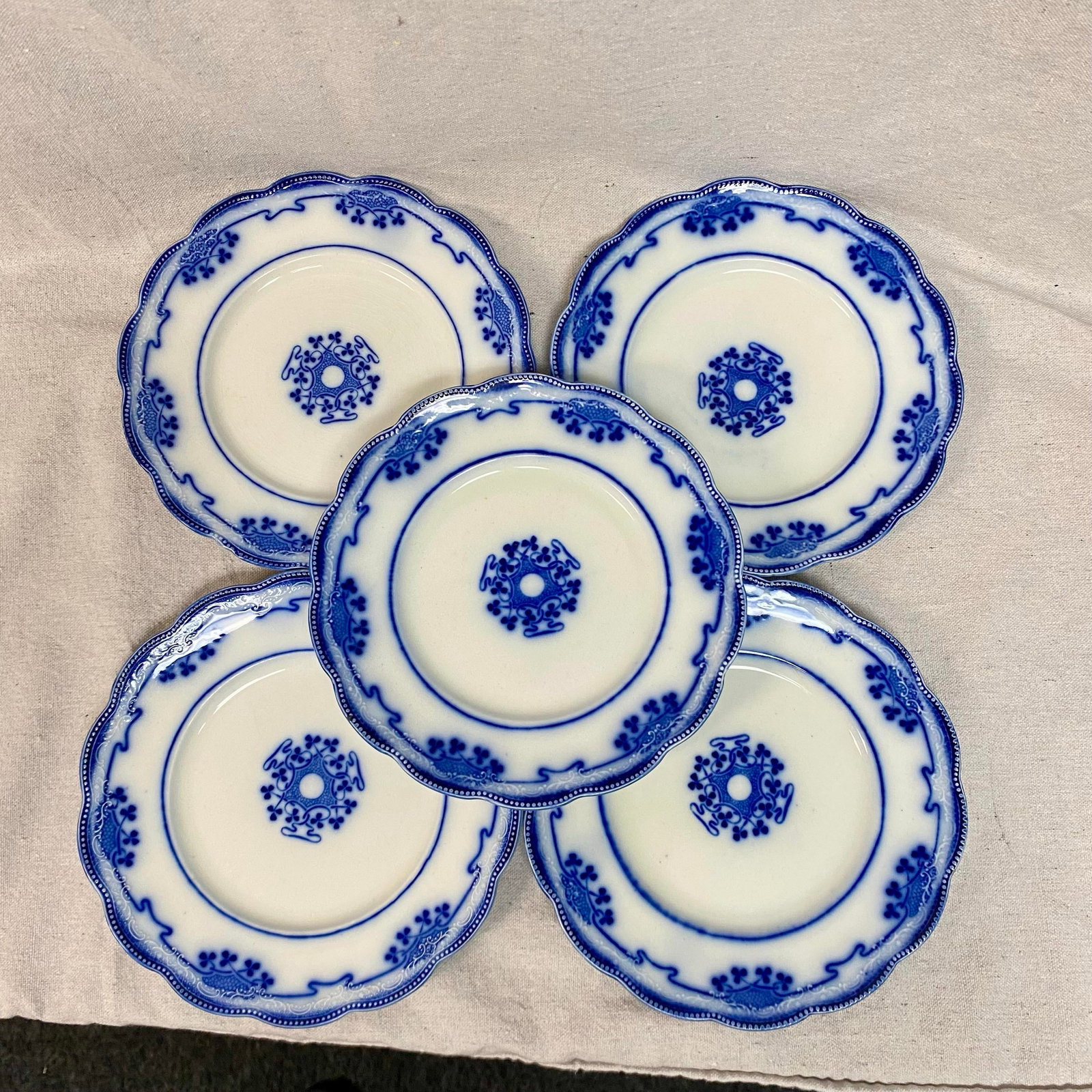 Antique Flow Blue Luncheon Plates, Lorne Clovers by Grindley - Set of 5 - 8