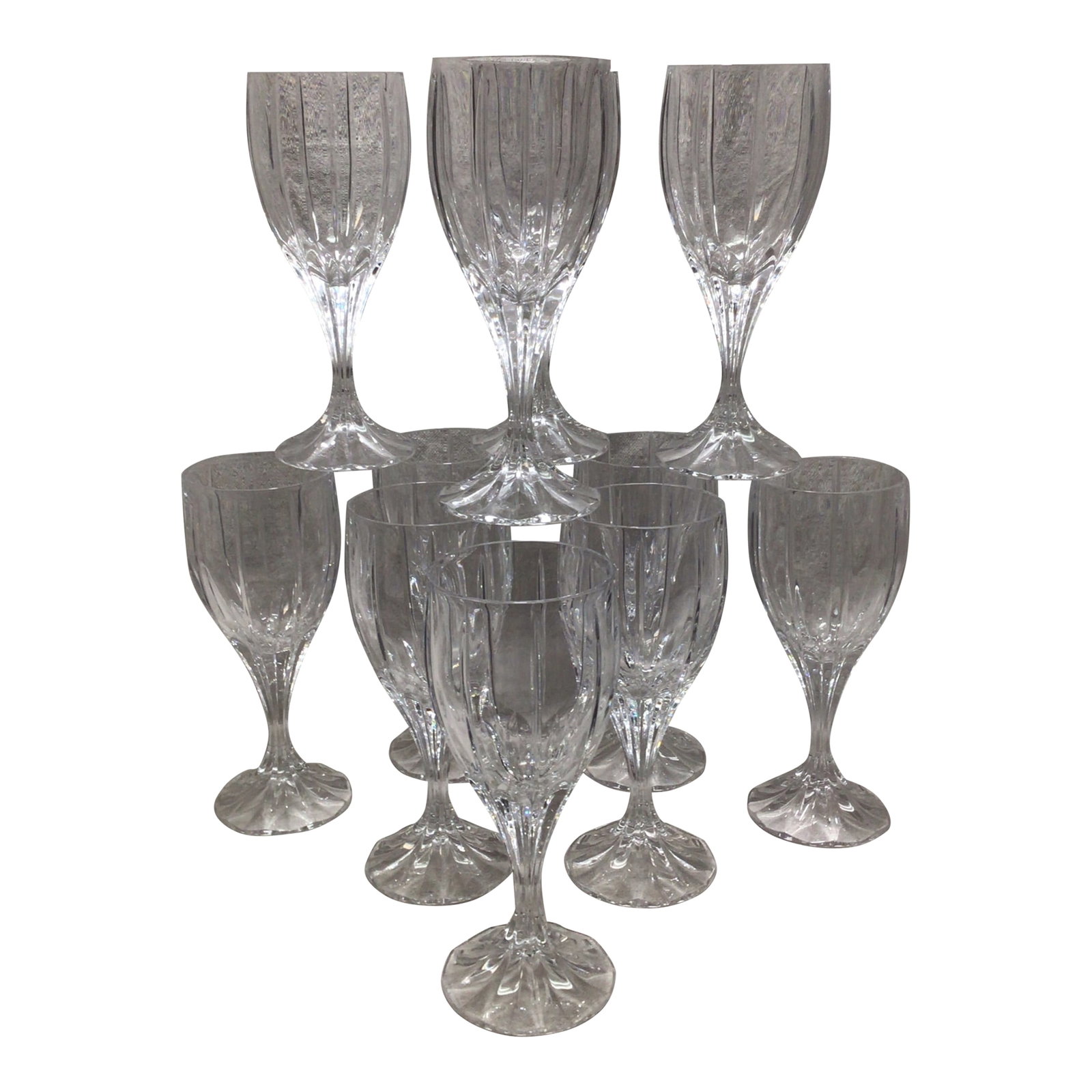Mikasa Berkeley Crystal Water Goblets-Set of 11: Set of eleven crystal Berkeley water goblets by Mikasa. Nicely weighted and easy to hold on to with their fluted stem. Condition: Alterations: Original Condition Unaltered Imperfections: Some