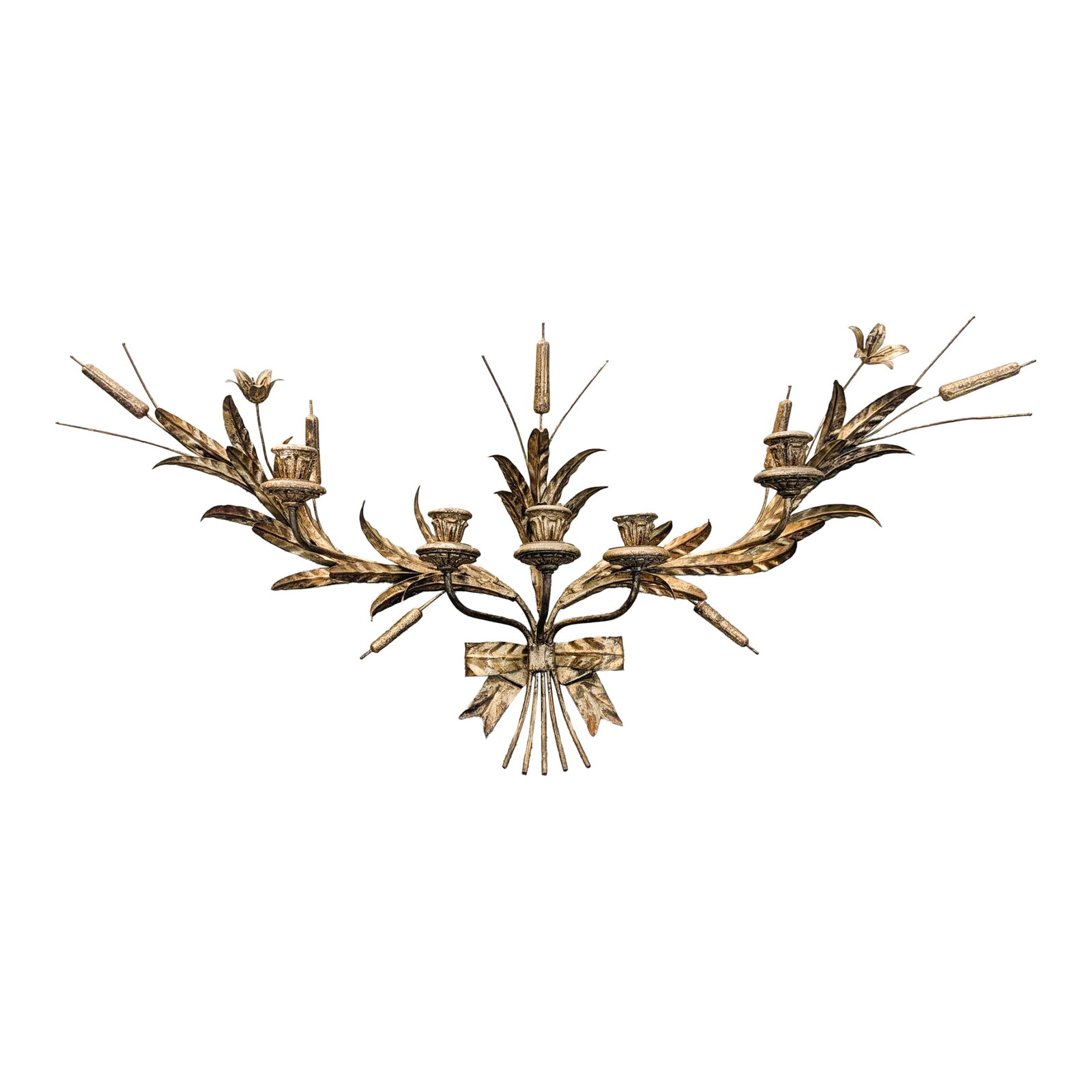 Vintage Hollywood Regency Brass Italian Toleware Candelabra Wall Sconce: Hollywood Regency style brass wall sconce, specifically an Italian-designed 5-armed candelabra wall sconce. Crafted from gilded metal (or toleware), this vintage piece is characterized by its ornate,