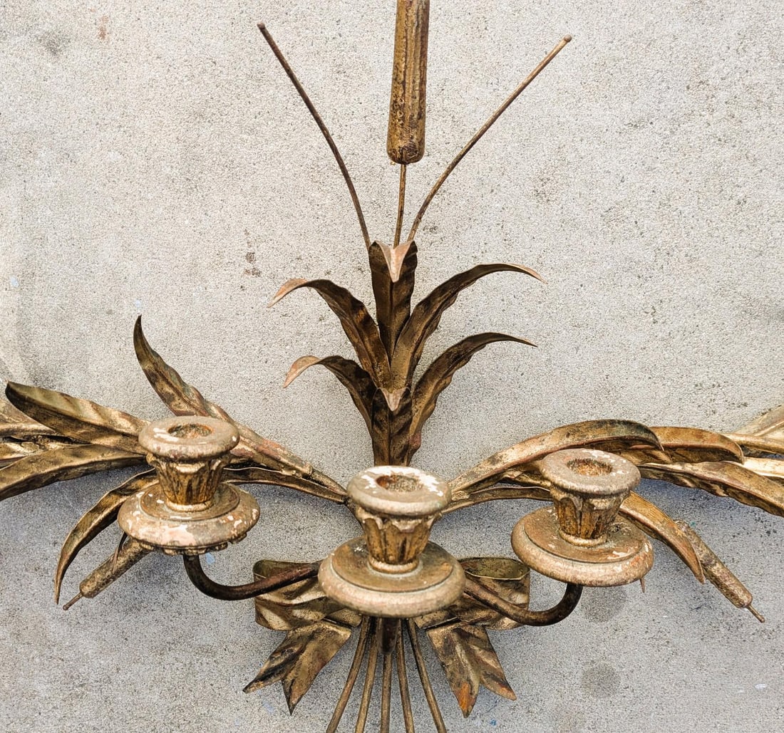 Vintage Hollywood Regency Brass Italian Toleware Candelabra Wall Sconce - 2