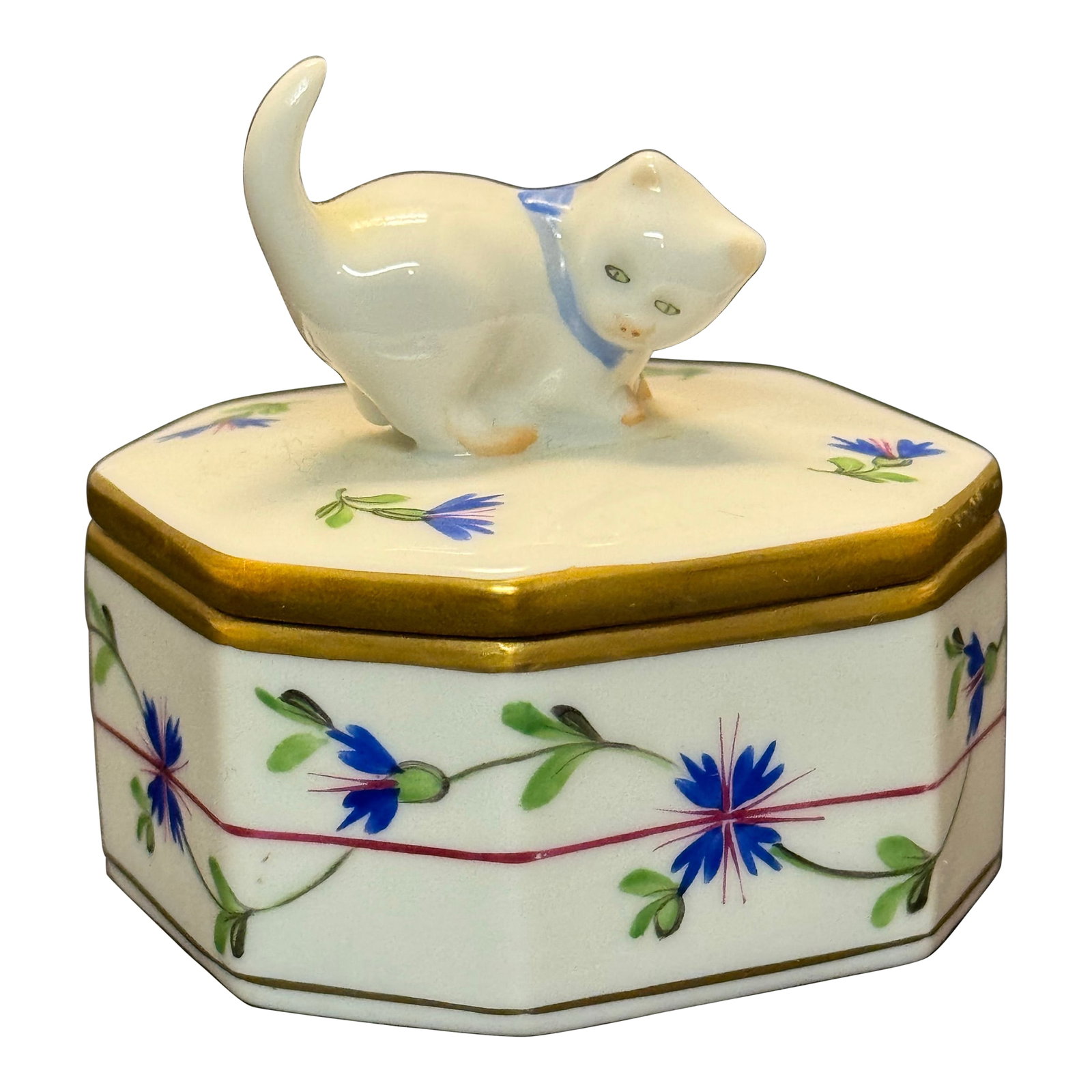 Mid 20th Century Herend Hungary Blue Garland PBG Hand Painted Octagon Box Kitty Cat Finial 6074 (1 of 10)