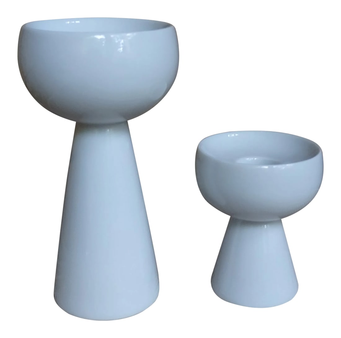Vintage Heinrich and Co. Mid-Century Modern White Ceramic Candle Holders-Pair: Minimalism at its finest. These round white ceramic candleholders are made by Heinrich & Co. From Germany. One is half size to the other. They may be porcelain as they are thin and fine. Stamped on