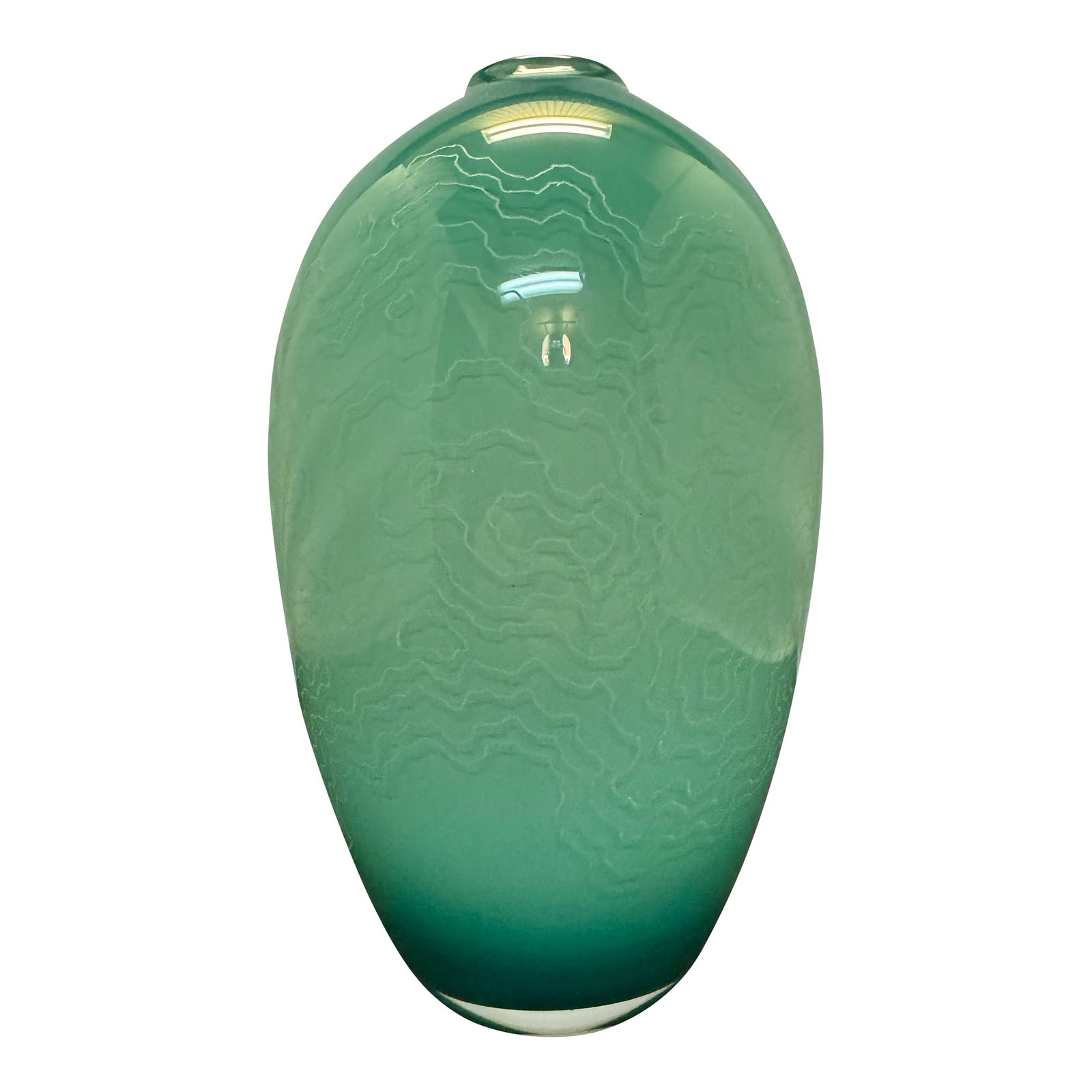 Vintage Mid Century Style Art Glass 10" Vase Emerald Seafoam Ombre Etched Swirls: This vintage Mid Century Style Art Glass vase features a beautiful emerald seafoam ombre color with etched swirls, adding a unique and artistic touch to any space. Hand blown and handmade, this
