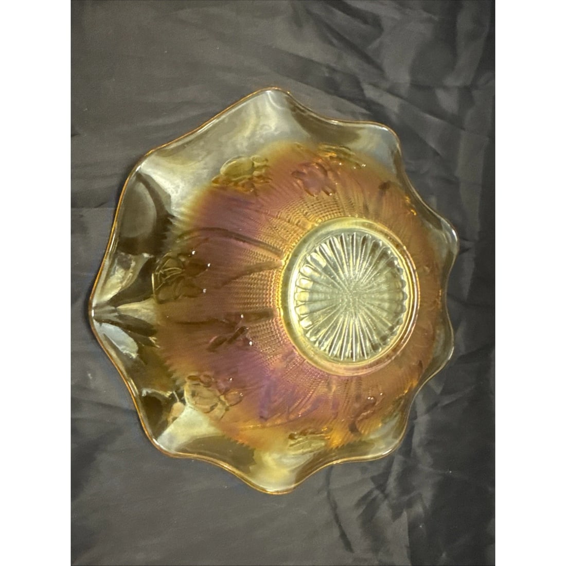 Jeannette Iris & Herringbone Marigold Carnival Glass 11" Bowl Ruffled Depression - 3