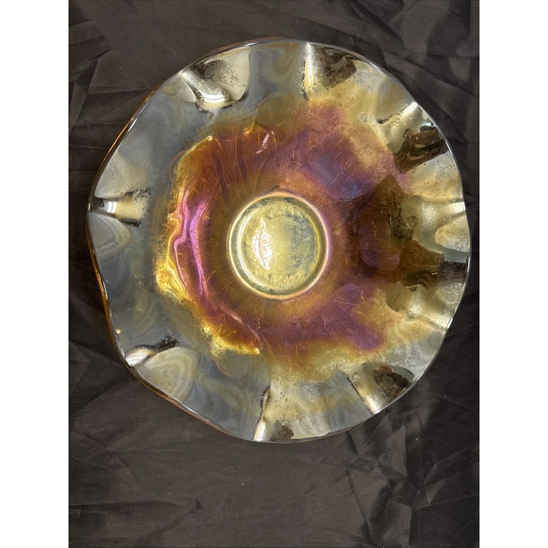 Jeannette Iris & Herringbone Marigold Carnival Glass 11" Bowl Ruffled Depression - 4