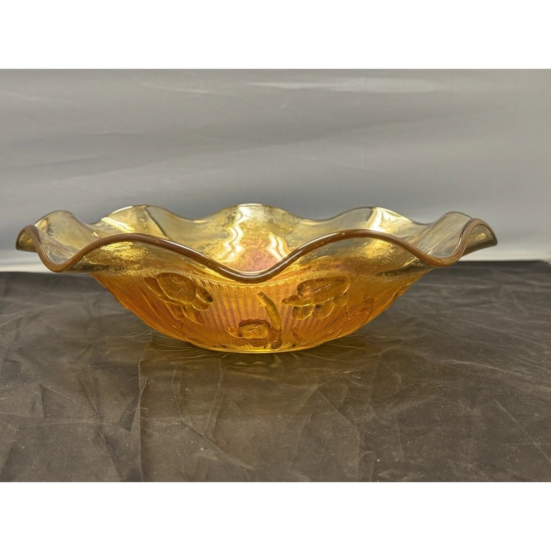 Jeannette Iris & Herringbone Marigold Carnival Glass 11" Bowl Ruffled Depression - 6