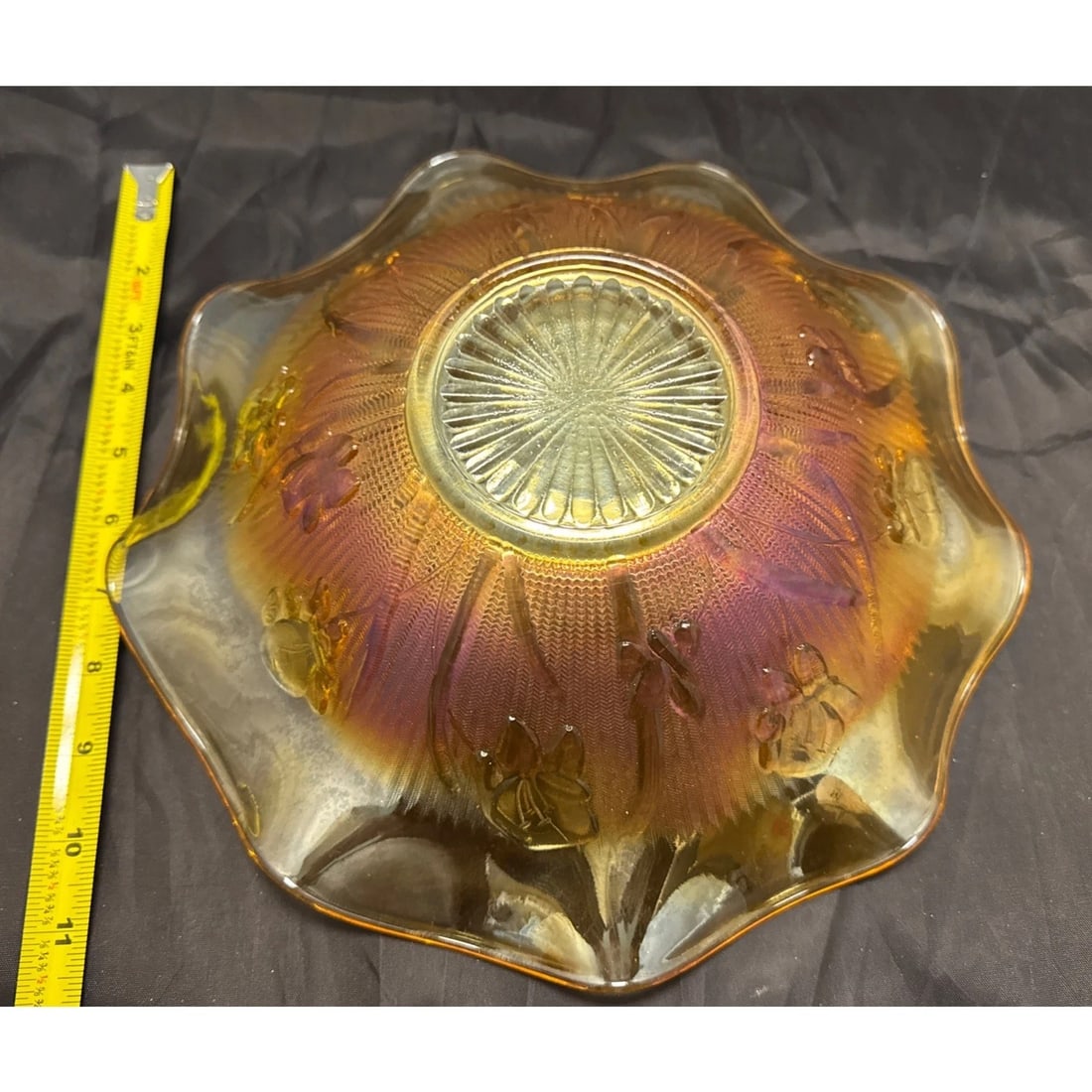 Jeannette Iris & Herringbone Marigold Carnival Glass 11" Bowl Ruffled Depression - 7