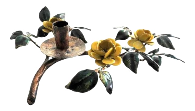 1980s Bovano Enamel on Copper Candle Holder: 1980s handcrafted enamel on copper floral single skinny taper candle holder by Bovano of Cheshire Connecticut. Excellent condition. 9.5" X 6" X 2" H. Perfect for a candle of 1/2" in diameter. Great
