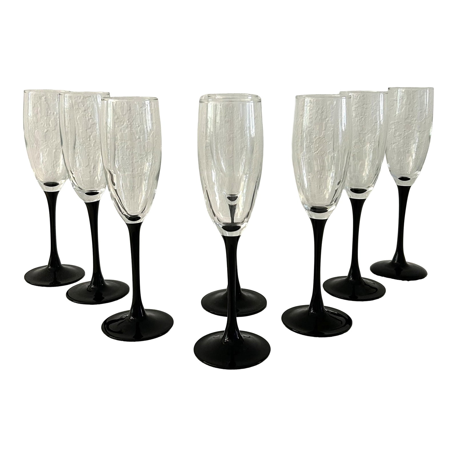 Vintage Ebony Crystal Champagne Flutes - Set of 8: Lovely set of eight crystal black long-stemmed champagne flutes. Each glass holds 4 oz. Excellent condition. Condition: Alterations: Original Condition Unaltered Imperfections: Some Imperfections