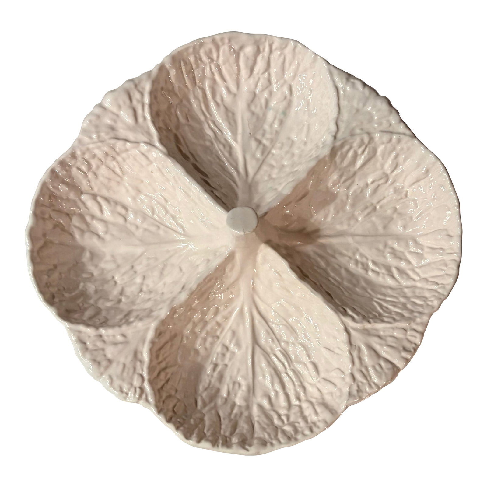 Majolica White Cabbage Ware Divided Serving Dish: Made in Portugal in the style of Bordallo Pinheiro, this classic white cabbage ware serving dish is divided into four sections of equal size. Perfect for fresh cut veggies or fruit, condiments, nuts,