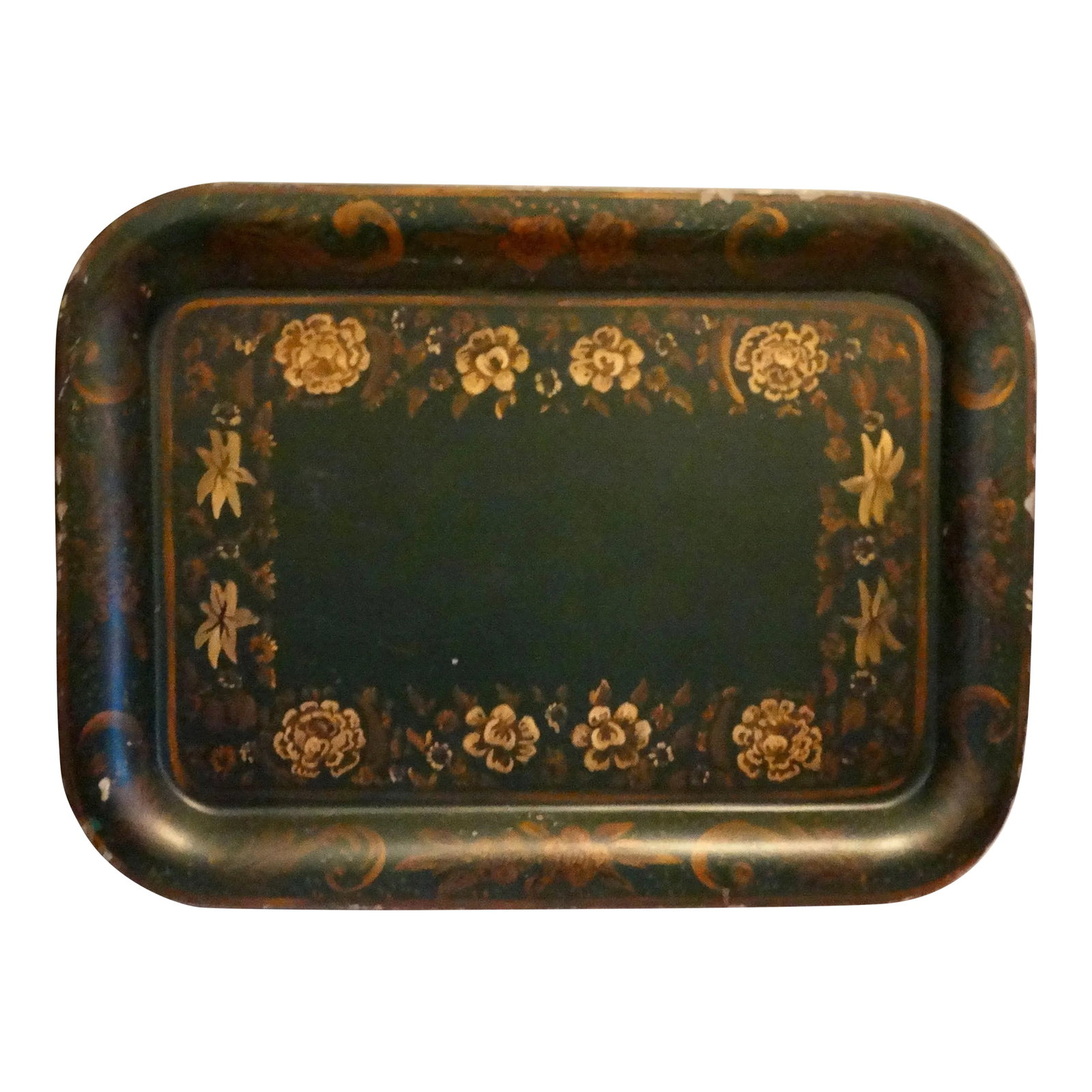 Statement Size Hand Painted Gilt Toleware Tray 28 Inches: Large Mid Century tole tray hand painted with a gold floral design on a dark green ground. This statement size tray would be lovely hung on a wall or used on a big table. Condition: Alterations: Origi