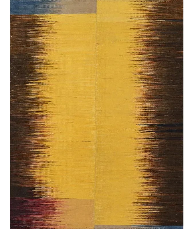 Handwoven Scandinavian Style Persian Kilim Rug 3'8'' X 4'9'': This remarkable contemporary Scandinavian Style Kilim area rug features a dramatic pop of electrifying colors in a playfully rich design. The innovative modern use of colors certainly brings a