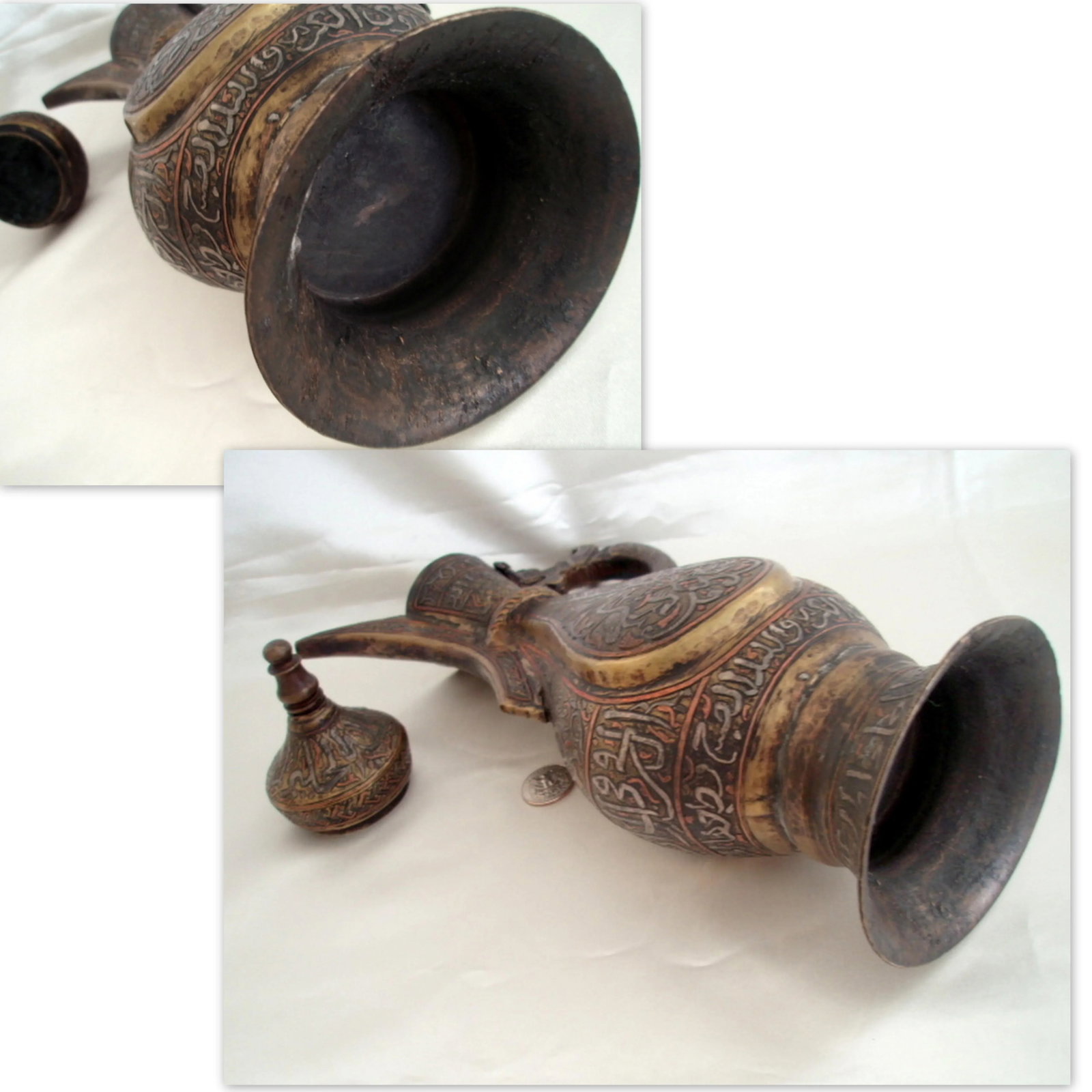 Antique Aftaba Ewer Teapot Silver Chased Tombac Kashmir Bukhara Hamsa Goose Nastaliq Naskh Script - 10