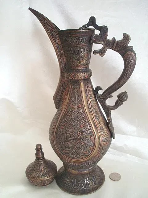 Antique Aftaba Ewer Teapot Silver Chased Tombac Kashmir Bukhara Hamsa Goose Nastaliq Naskh Script - 11
