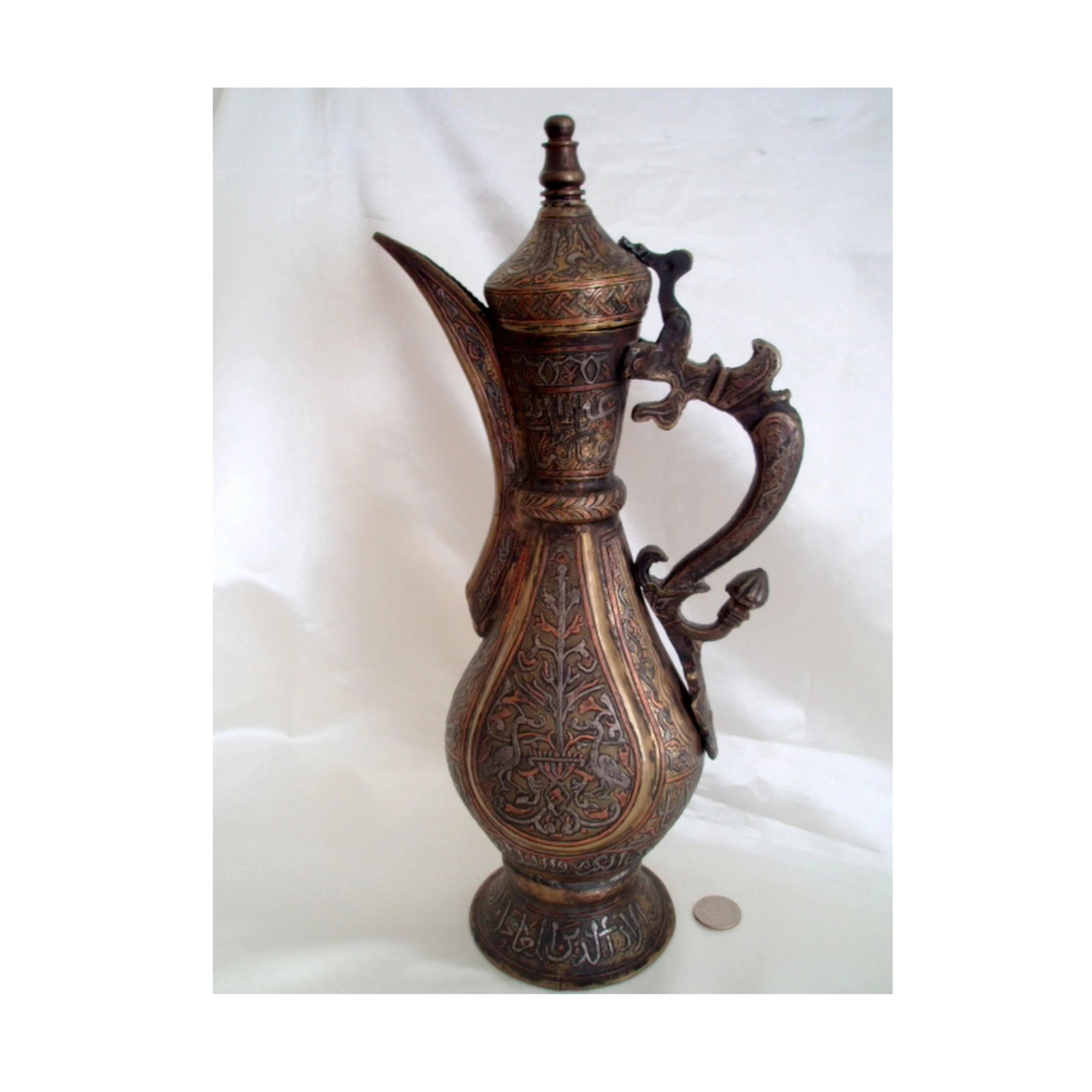 Antique Aftaba Ewer Teapot Silver Chased Tombac Kashmir Bukhara Hamsa Goose Nastaliq Naskh Script - 5