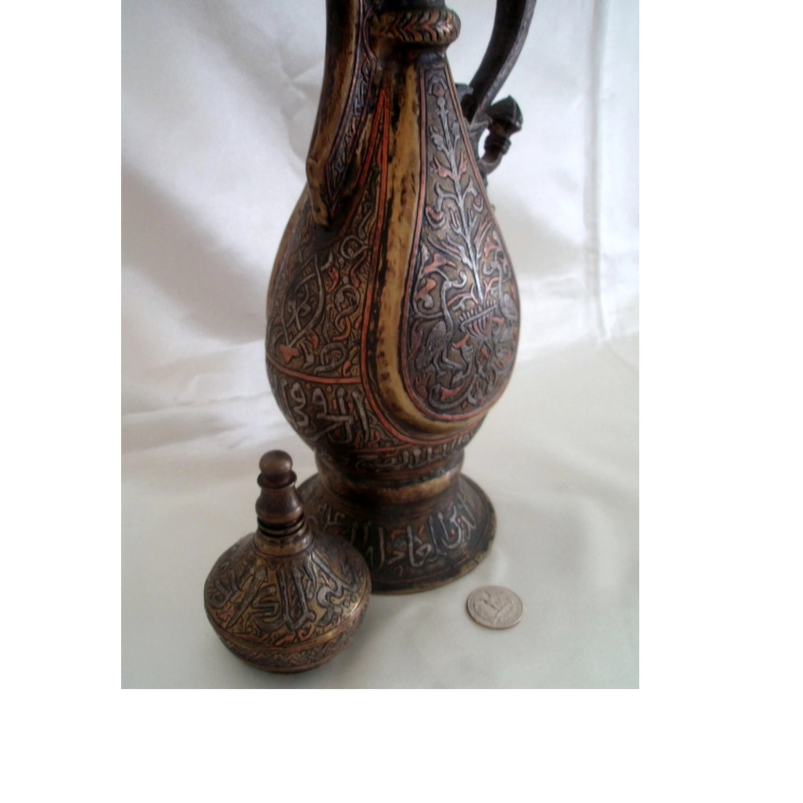 Antique Aftaba Ewer Teapot Silver Chased Tombac Kashmir Bukhara Hamsa Goose Nastaliq Naskh Script - 6